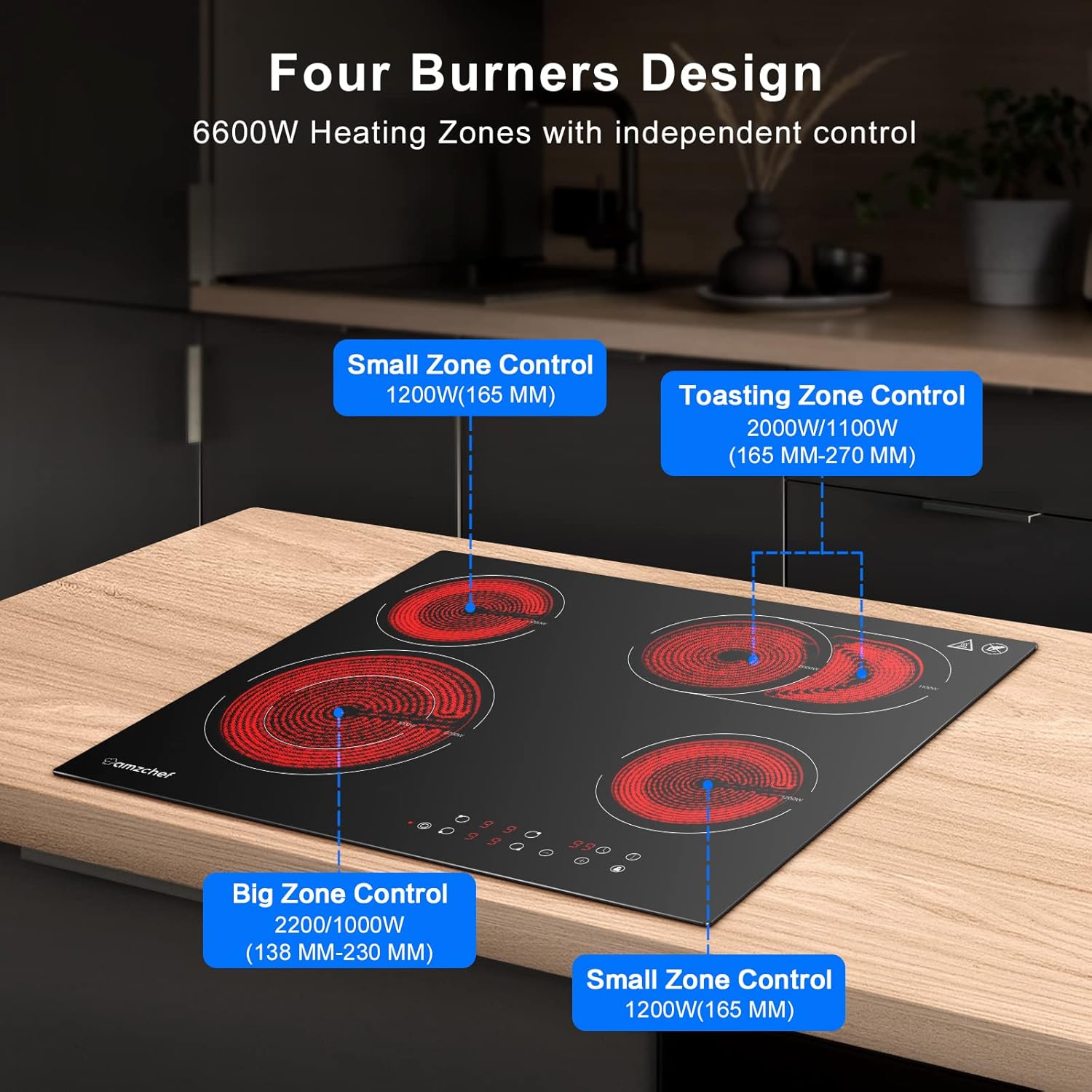AMZCHEF Induktionskochfeld 60cm mit Zwei Flexzonen, 4 Zonen Induktionskochplatte mit Boost-Funktion und 9 Leistungsstufen, Touch-Bedienung, Timer, Sicherheitsschloss, Überhitzungsschutz, BBQ, 7200W