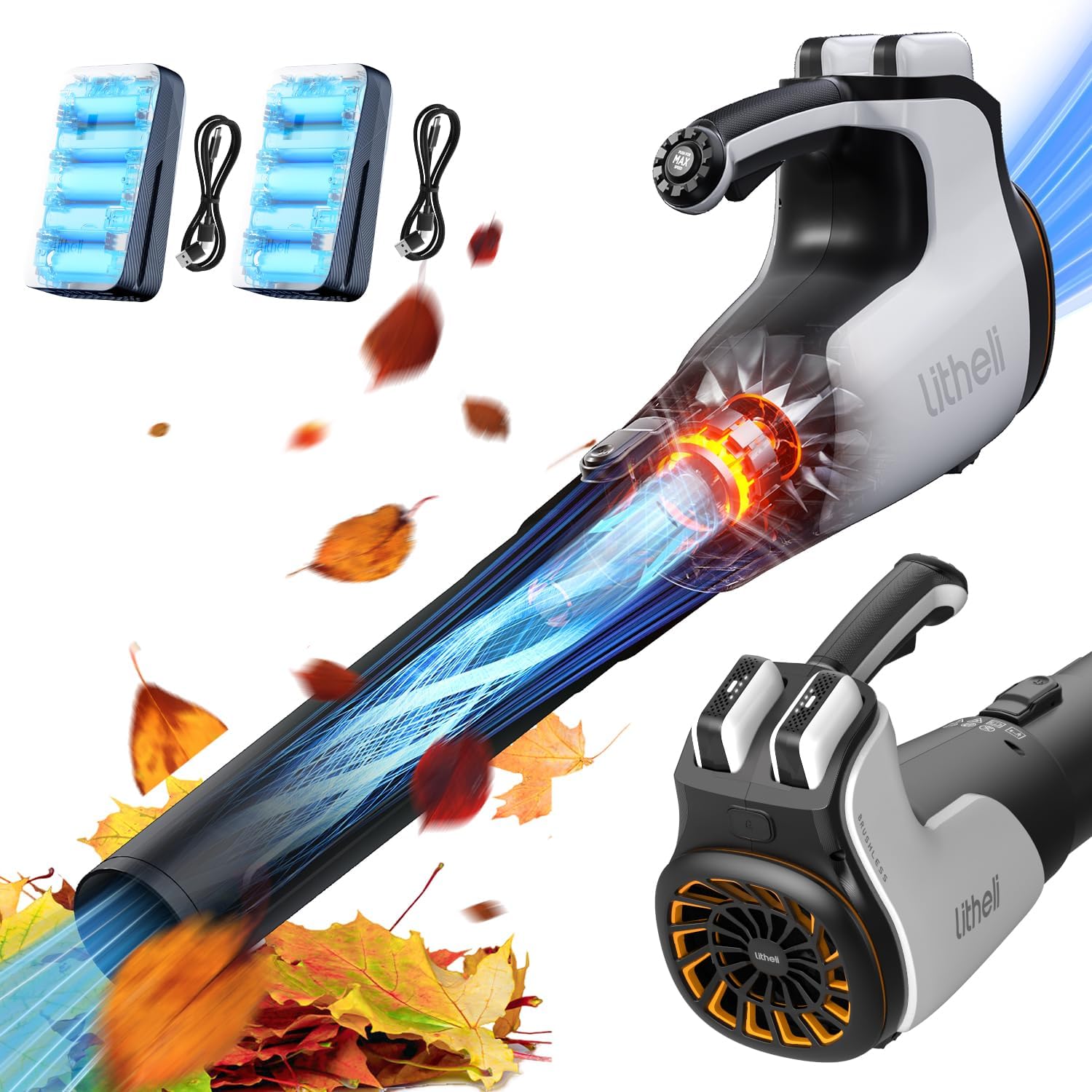 Soffiatore per foglie a batteria Litheli, soffiatore per foglie brushless con turbocompressore, velocità dell'aria 180 km/h - portata d'aria 15,85 m³/min, con batteria, adatto per la cura del giardino, la cura del prato e lo sgombero della neve.