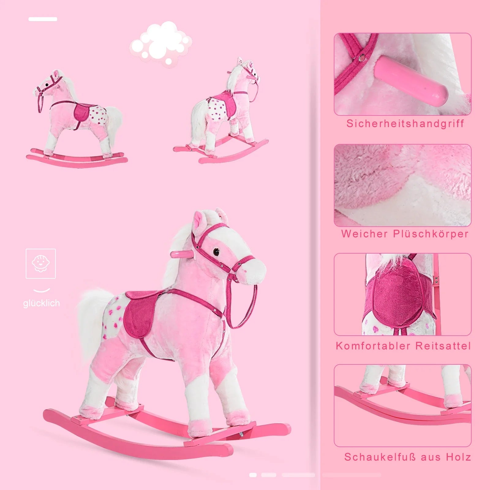 HOMCOM Cavallo a dondolo con suono, rosa