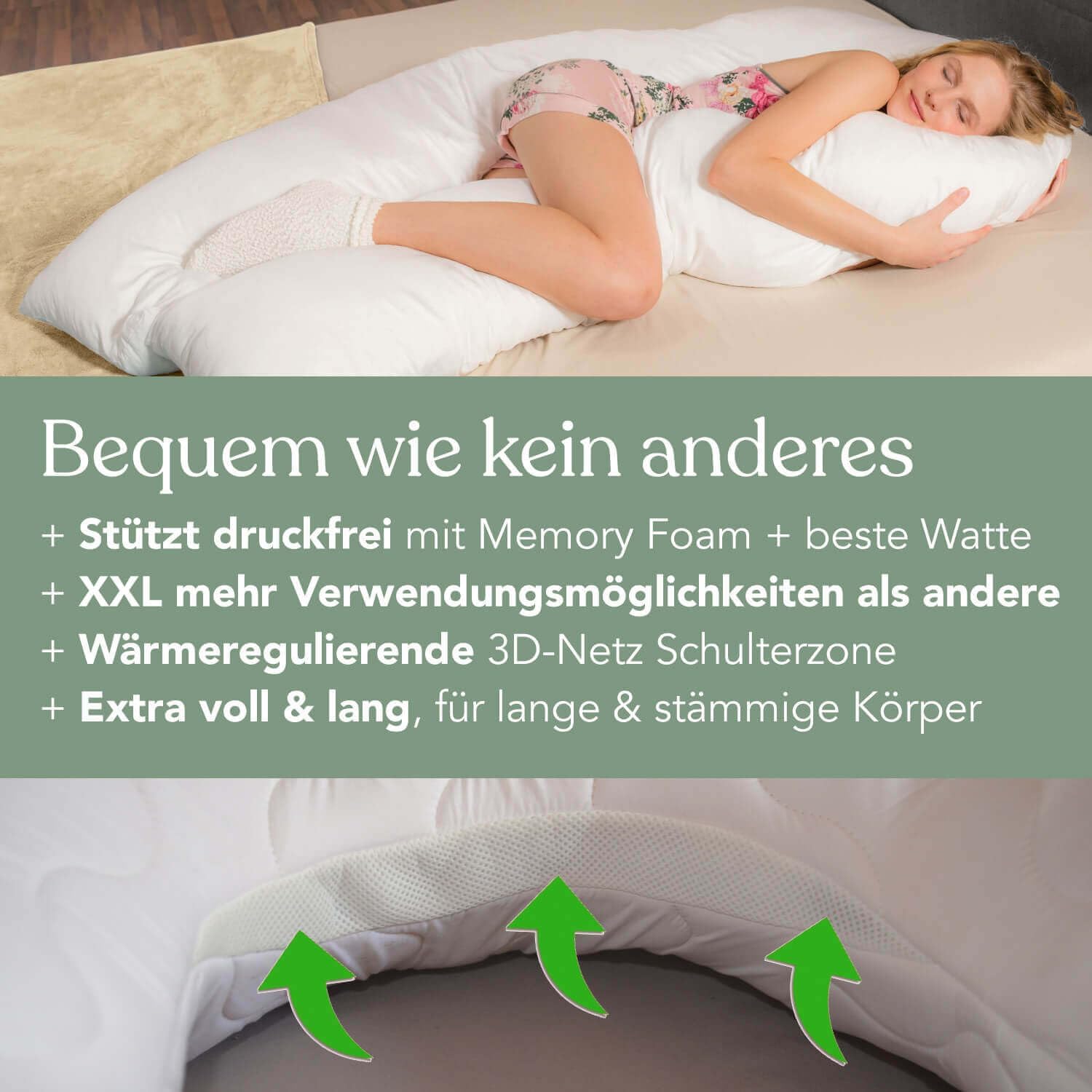 Traumreiter Visco XXL Seitenschläferkissen mit Bezug Baumwolle Graphit Grau, Hybrid Kissen + 1cm Memory Foam, U förmiges Schwangerschaftskissen Gel Body Pillow Komfortkissen Ergonomie Zertifiziert