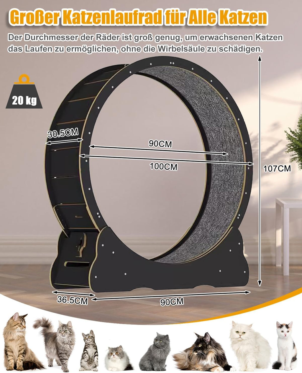 MIWOOYY Katzenlaufrad Großes Laufrad für Katzen 100cm – Schwarzes Katzenrad aus Massivholz für Drinnen Katzen, Sicherheits Katzen Laufrad mit Schloss und Minimiertem Spaltdesign