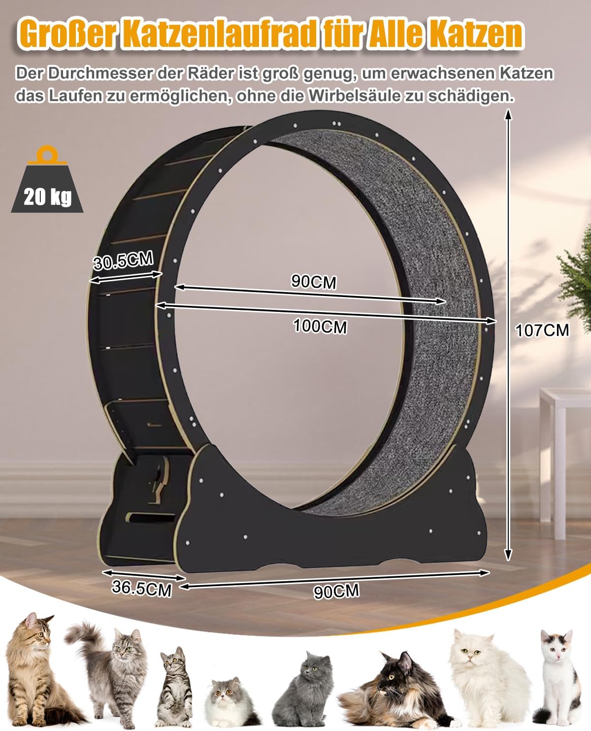 MIWOOYY Katzenlaufrad Großes Laufrad für Katzen 100cm – Schwarzes Katzenrad aus Massivholz für Drinnen Katzen, Sicherheits Katzen Laufrad mit Schloss und Minimiertem Spaltdesign