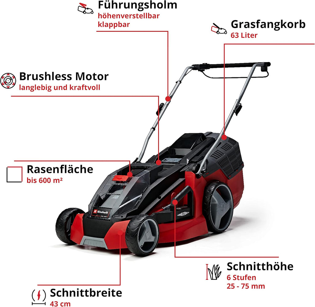 Einhell Akku-Rasenmher GE-CM 43 Li M Kit Power X-Change (36V, 43 cm Schnittbreite, bis 600 m, Brushless, Mulch-Kit, 63L Fangkorb, 25-75 mm Schnitthhe, inkl. 2x 4,0Ah + 2x Ladegert)