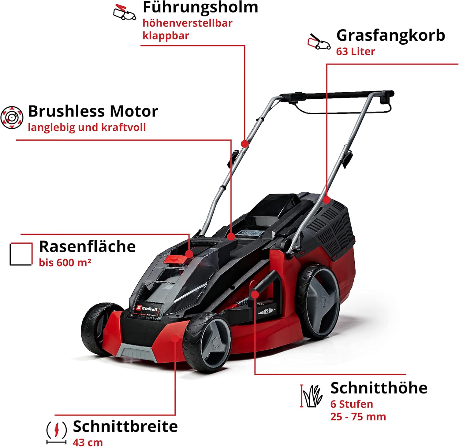 Einhell Akku-Rasenmher GE-CM 43 Li M Kit Power X-Change (36V, 43 cm Schnittbreite, bis 600 m, Brushless, Mulch-Kit, 63L Fangkorb, 25-75 mm Schnitthhe, inkl. 2x 4,0Ah + 2x Ladegert)