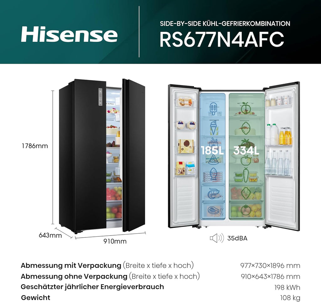 Hisense RS677N4BFD Frigorifero Americano Side by Side / Compressore Inverter / Porta Bottiglie / 2 FreshZone / Vano Verdure / Capacità Frigo 334 L / Capacità Congelatore 185 L / 41 dB / 247 kWh all'anno, Nero