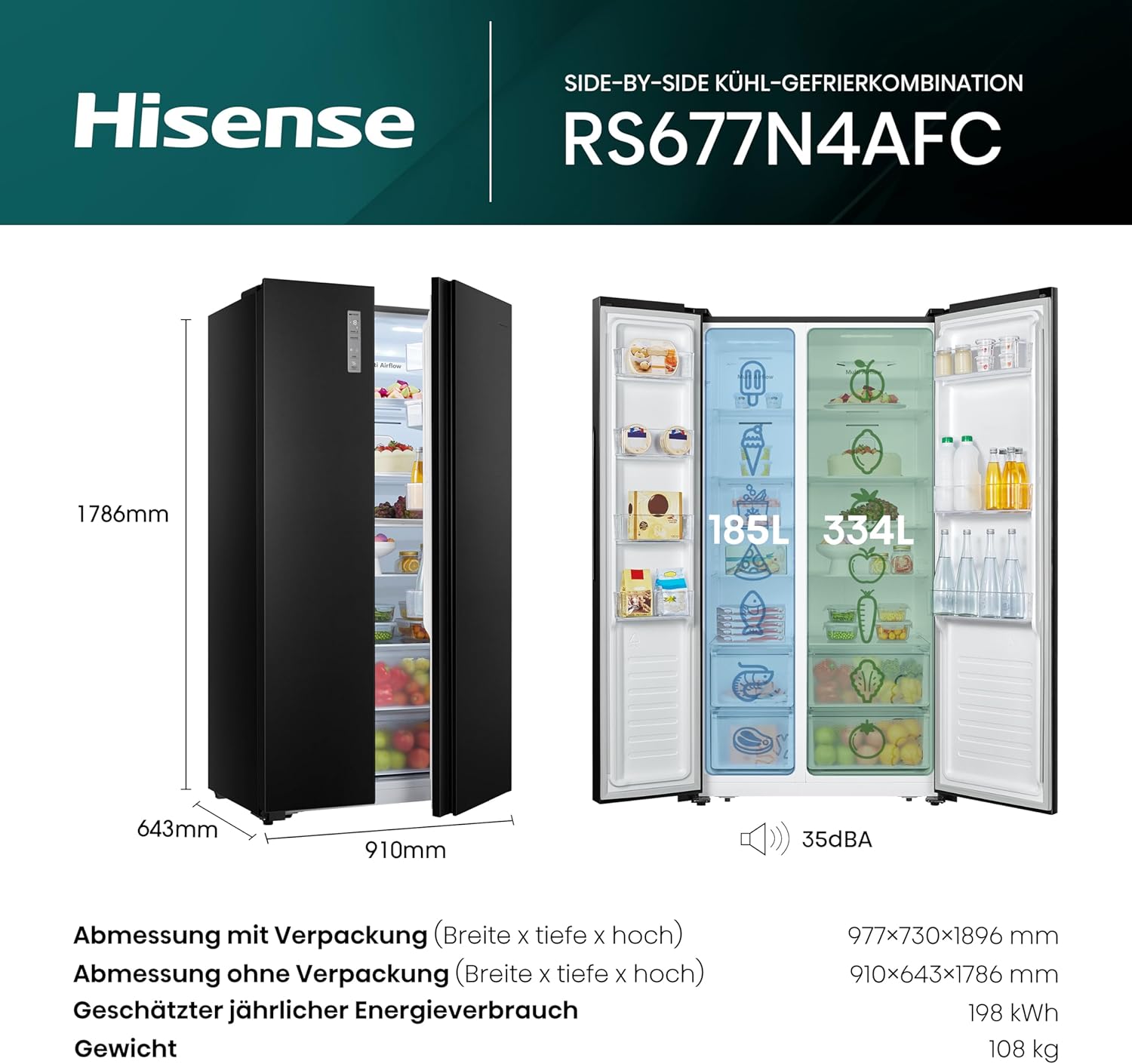 Hisense RS677N4BFD Frigorifero Americano Side by Side / Compressore Inverter / Porta Bottiglie / 2 FreshZone / Vano Verdure / Capacità Frigo 334 L / Capacità Congelatore 185 L / 41 dB / 247 kWh all'anno, Nero