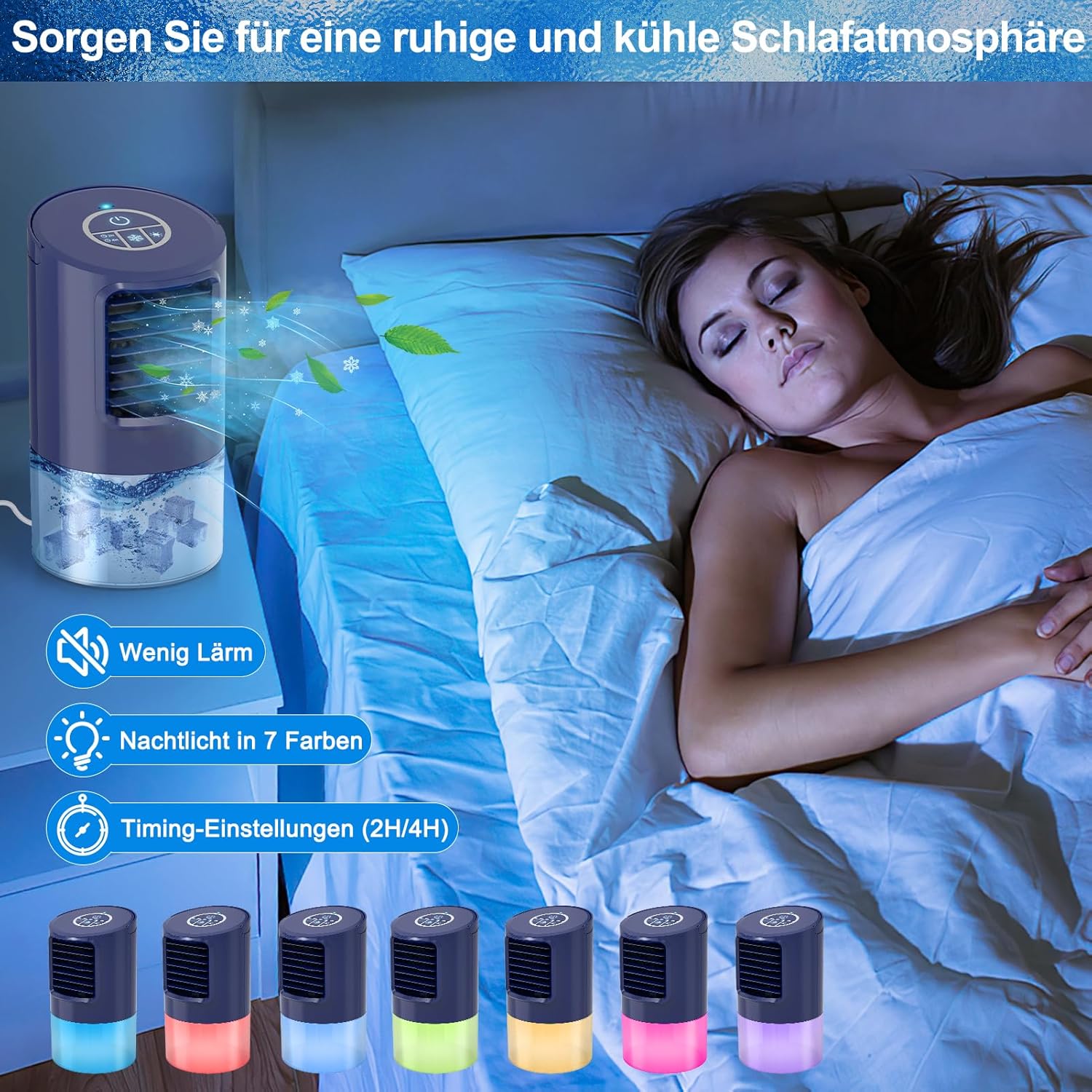 RenFox Condizionatore d'aria mini raffreddatore d'aria, 5 in 1 climatizzatore mobile, raffreddatore d'aria, ventilatore, umidificatore, 3 velocità, 7 LED, raffreddatore d'aria piccolo per casa e ufficio