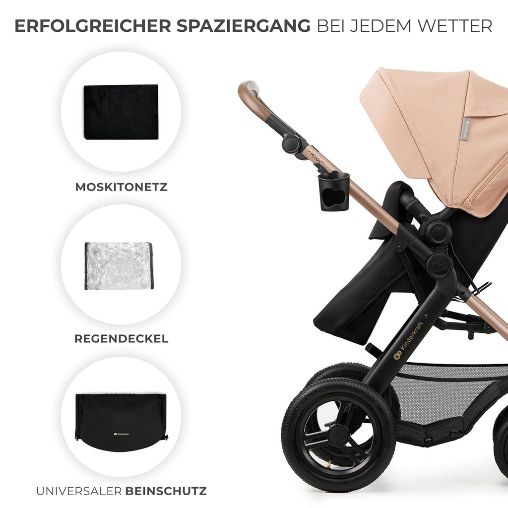 Kinderkraft MOOV2 AIR Passeggino 3 in 1 Set Passeggino fino a 26 kg con seggiolino auto I-SIZE 40-75 cm, funzione passeggino, schienale reclinabile, ampia capottina estensibile, ruote gonfiabili, nero