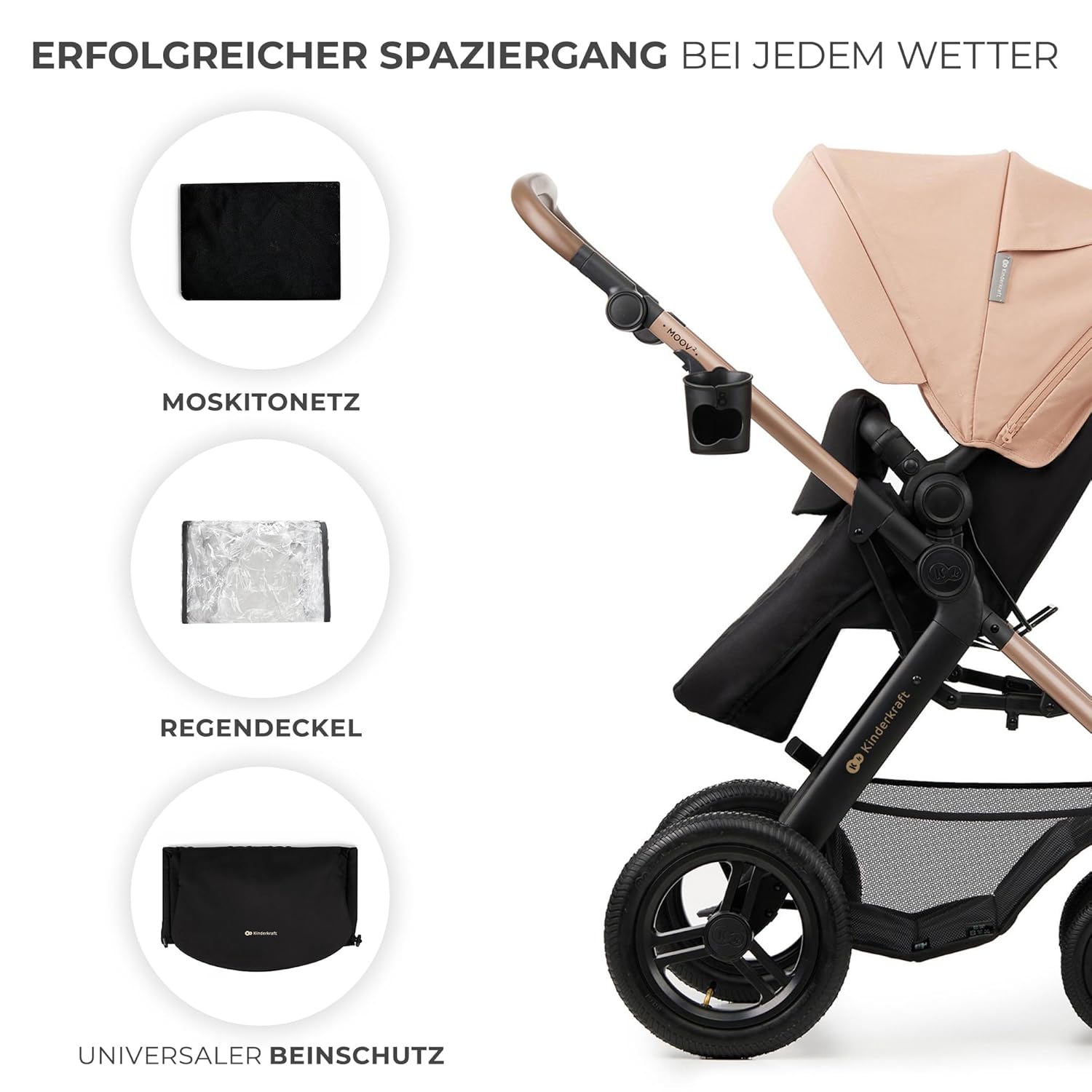 Kinderkraft MOOV2 AIR Passeggino 3 in 1 Set Passeggino fino a 26 kg con seggiolino auto I-SIZE 40-75 cm, funzione passeggino, schienale reclinabile, ampia capottina estensibile, ruote gonfiabili, nero