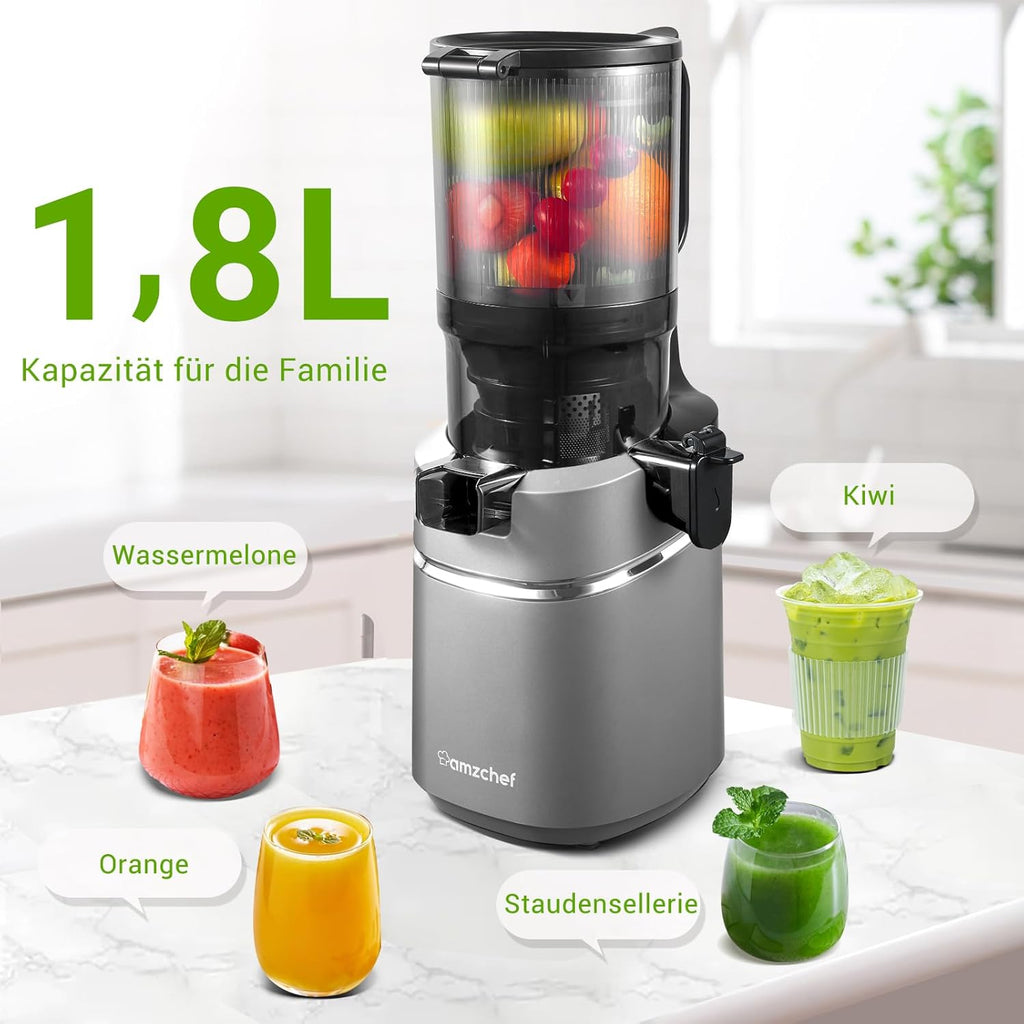 AMZCHEF Estrattore di Succo Automatico Tutto in Uno, Apertura da 135MM e Spremiagrumi da 1,8L per Frutta e Verdura, Estrattore di Succo Lento 250W Vincitore del Test con Triplo Filtro - Nero