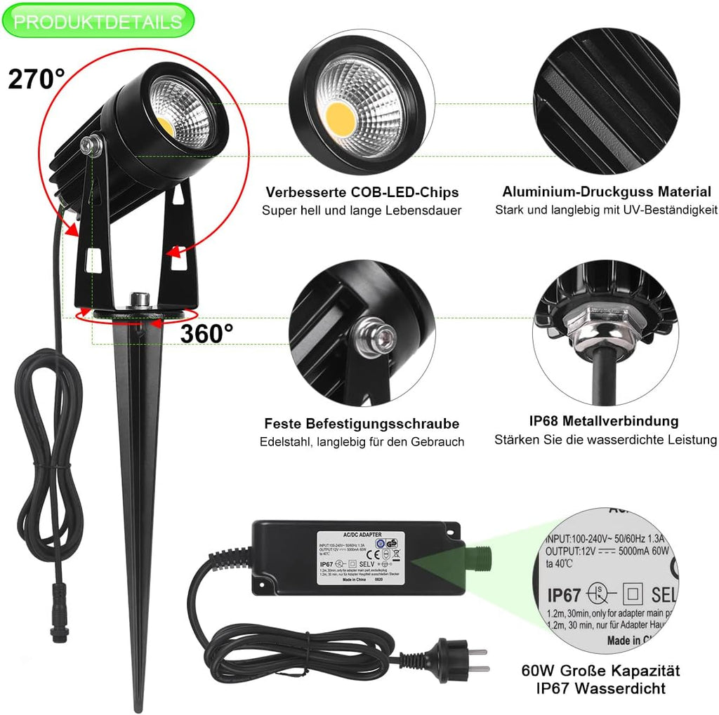 AIMHEIM 12er-Set Gartenstrahler LED Warmweiß, 3W Gartenleuchte Garten Beleuchtung mit Stecker, Schwenkbar Außen-Strahler Aussenbeleuchtung Erdspieß IP65 Wasserdicht für Baum, Pflanzen, Teich