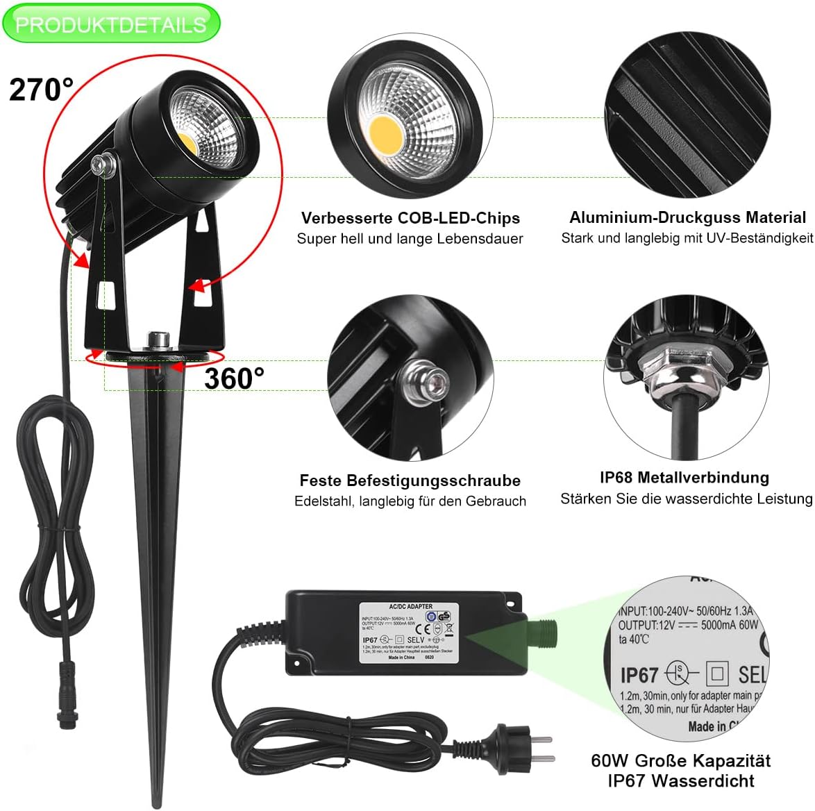 AIMHEIM 12er-Set Gartenstrahler LED Warmweiß, 3W Gartenleuchte Garten Beleuchtung mit Stecker, Schwenkbar Außen-Strahler Aussenbeleuchtung Erdspieß IP65 Wasserdicht für Baum, Pflanzen, Teich