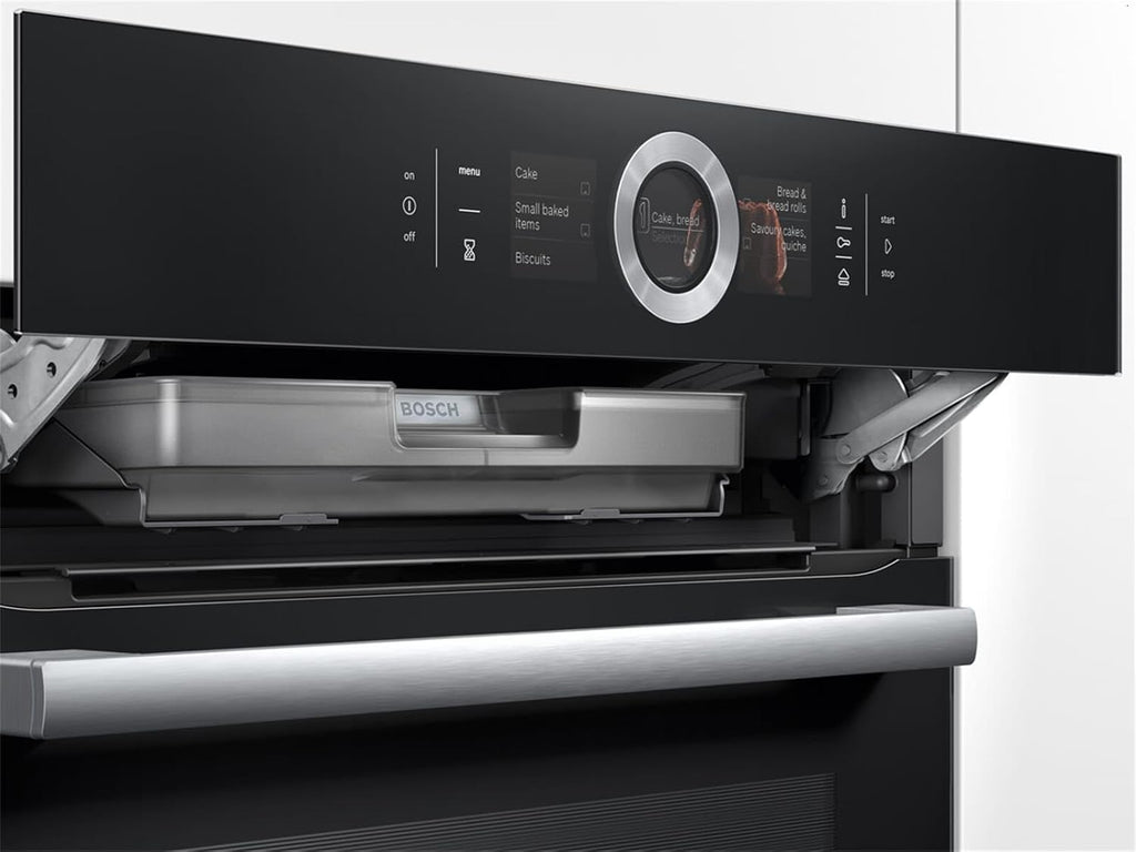 Bosch HMG7361B1, Serie 8 Forno da incasso intelligente con funzione microonde, 60 x 60 cm, Made in Germany, Nero, Air Fry, Anello di controllo digitale, Display touch, Programmi automatici, Supporto per la pulizia