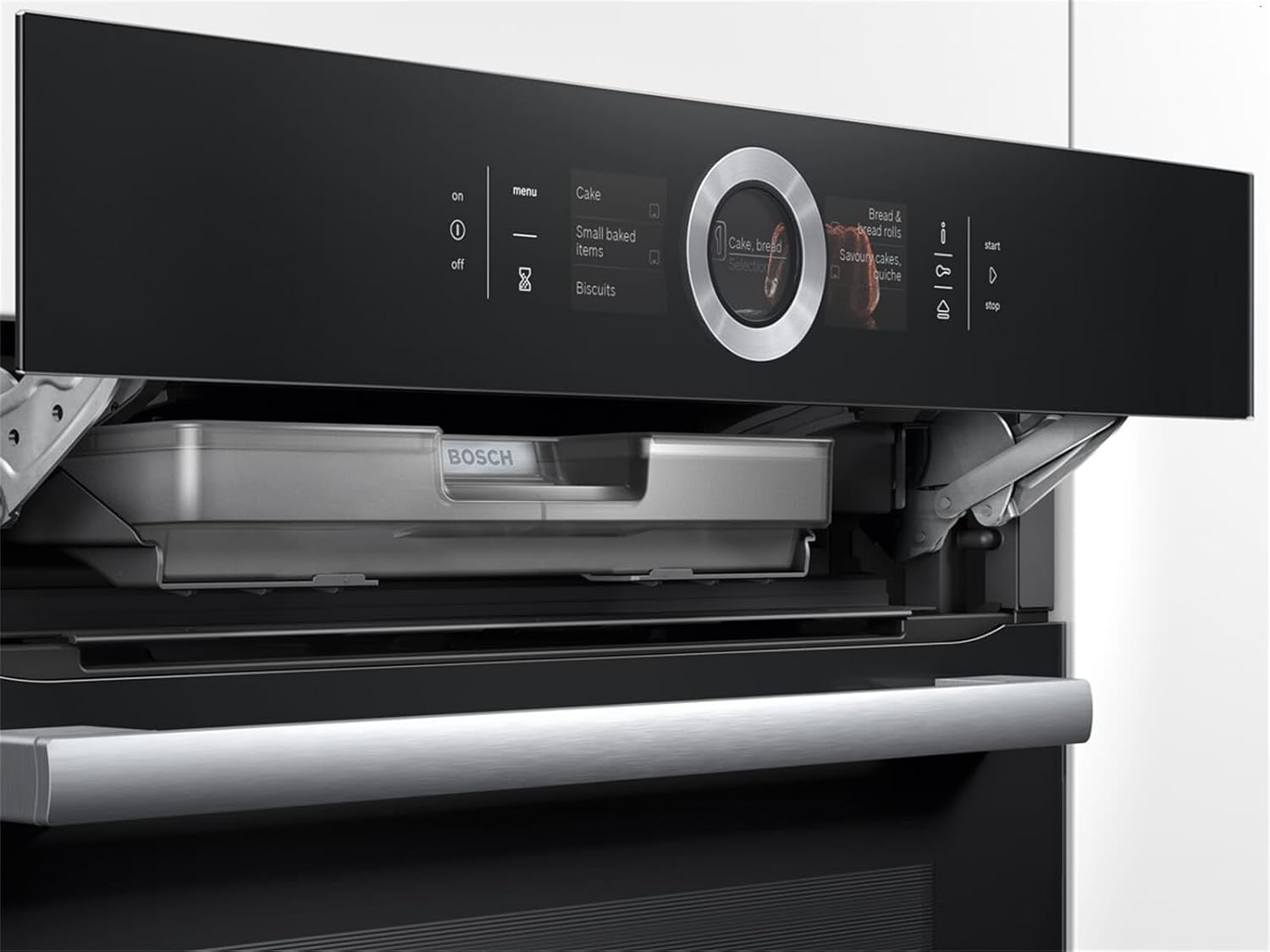 Bosch HMG7361B1, Serie 8 Forno da incasso intelligente con funzione microonde, 60 x 60 cm, Made in Germany, Nero, Air Fry, Anello di controllo digitale, Display touch, Programmi automatici, Supporto per la pulizia