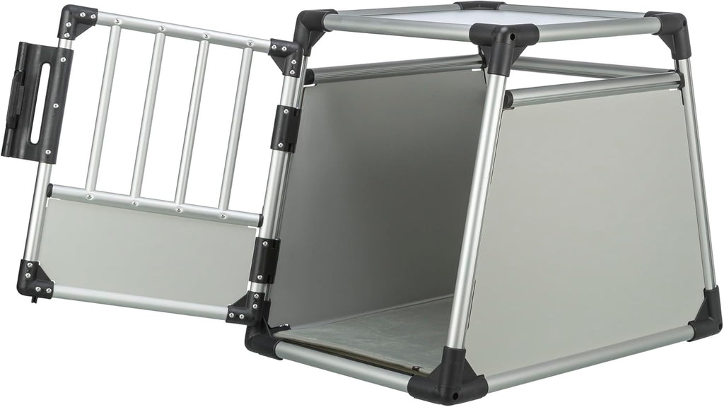 TRIXIE Hunde-Transportbox Aluminium in silber – M: 55 × 62 × 73 cm, stabile und geräuscharme Hundebox mit abgeschrägten Seiten, Sicherheitsverschluss & rutschfester Liegematte – 39342