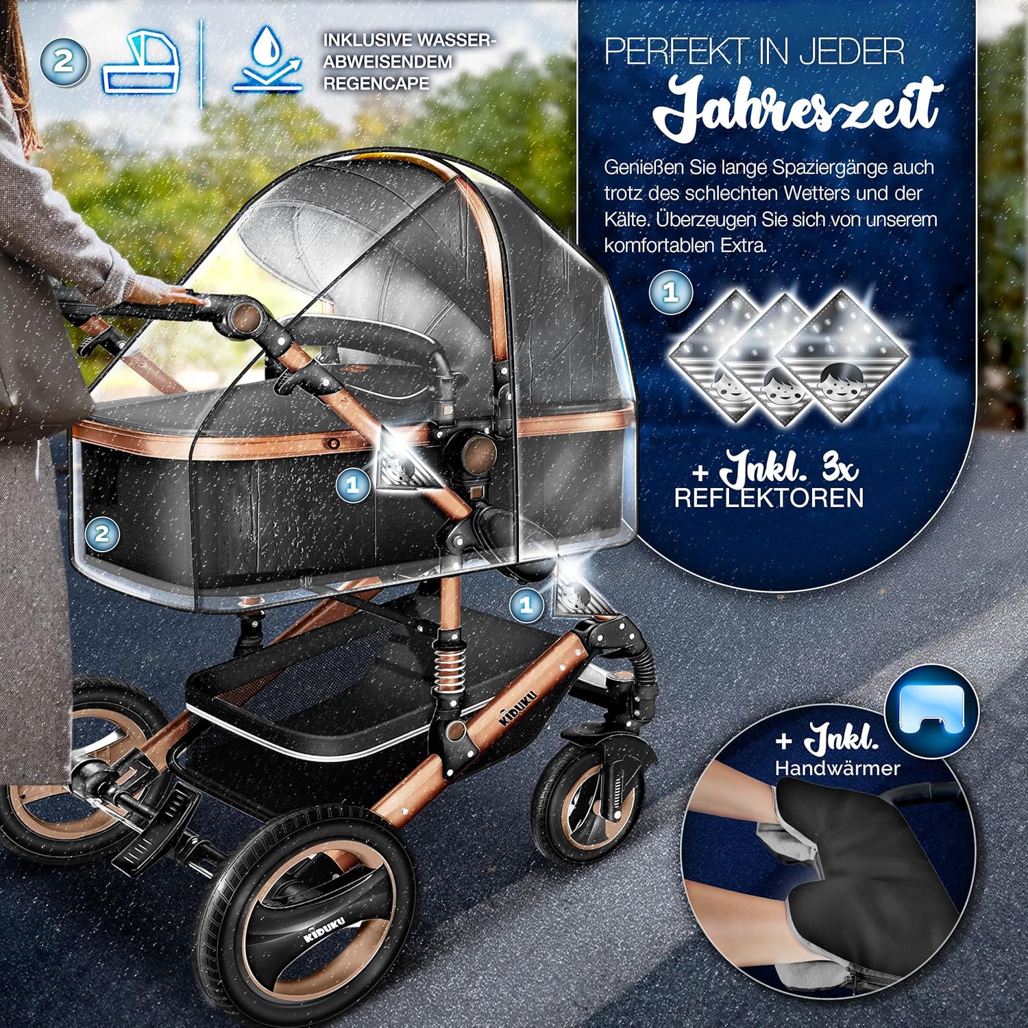 KIDUKU® Set completo passeggino 3 in 1 | Set passeggino combinato con navicella e sedile sportivo passeggino e seggiolino auto ovetto sacco a pelo | Ruote in gomma piena borsa per il cambio scaldamani parapioggia tavolino ECE R129