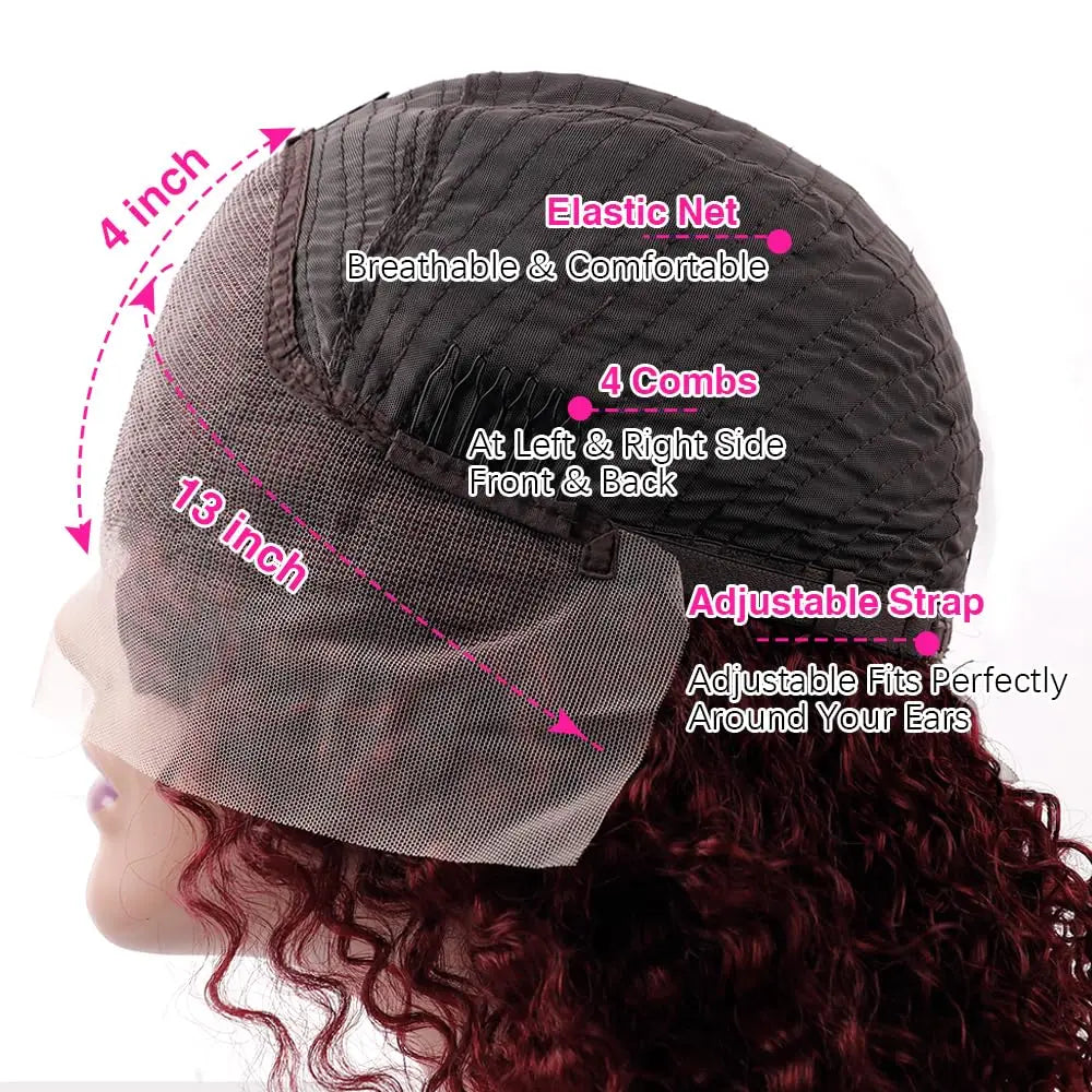 Parrucca frontale in pizzo bordeaux in capelli veri 99J, parrucca frontale in pizzo 13x4, parrucca corta riccia bob pre-strappata con attaccatura dei capelli, densità del 180% per le donne nere
