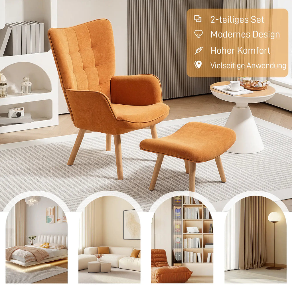 HOMCOM Poltrona Relax con Poggiapiedi, Set Poltrona Bergère in Legno di Faggio Effetto Velluto a Coste Marrone