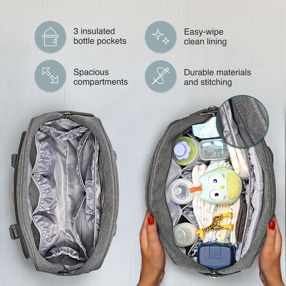 Welavila Wickeltasche, groß, wandelbar, mit Wickelunterlage und isolierten Taschen für Mama und Papa, Grau, Large