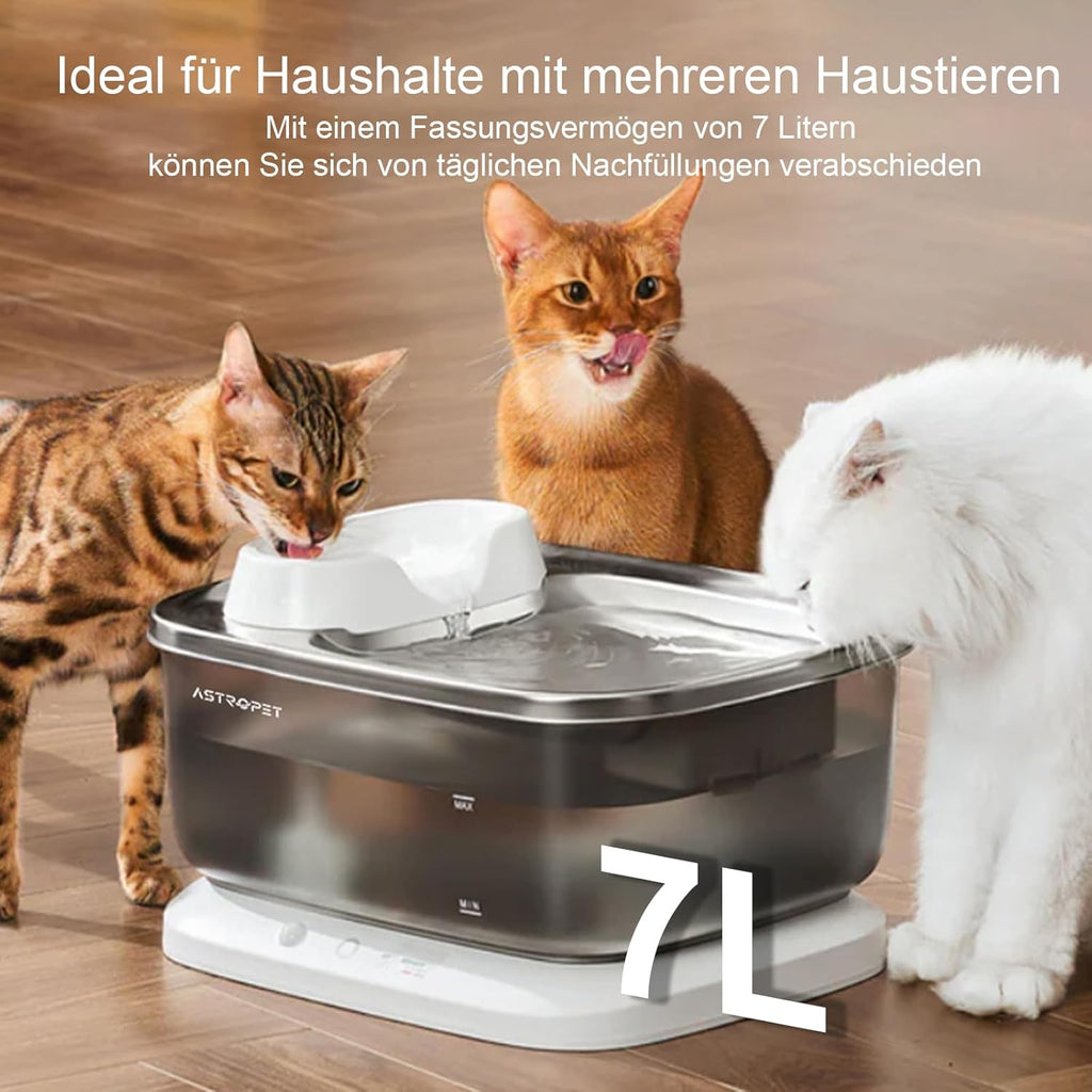 AstroPet 7L Trinkbrunnen für Hunde und Katzen, Ultraleiser, Kabelloser, Automatischer Katzenbrunnen und Hundebrunnen, 40 Tage Lange Akkulaufzeit, Weniger als 30dB Extrem Leiser (ADDF-003+ 2*AAWF-003)
