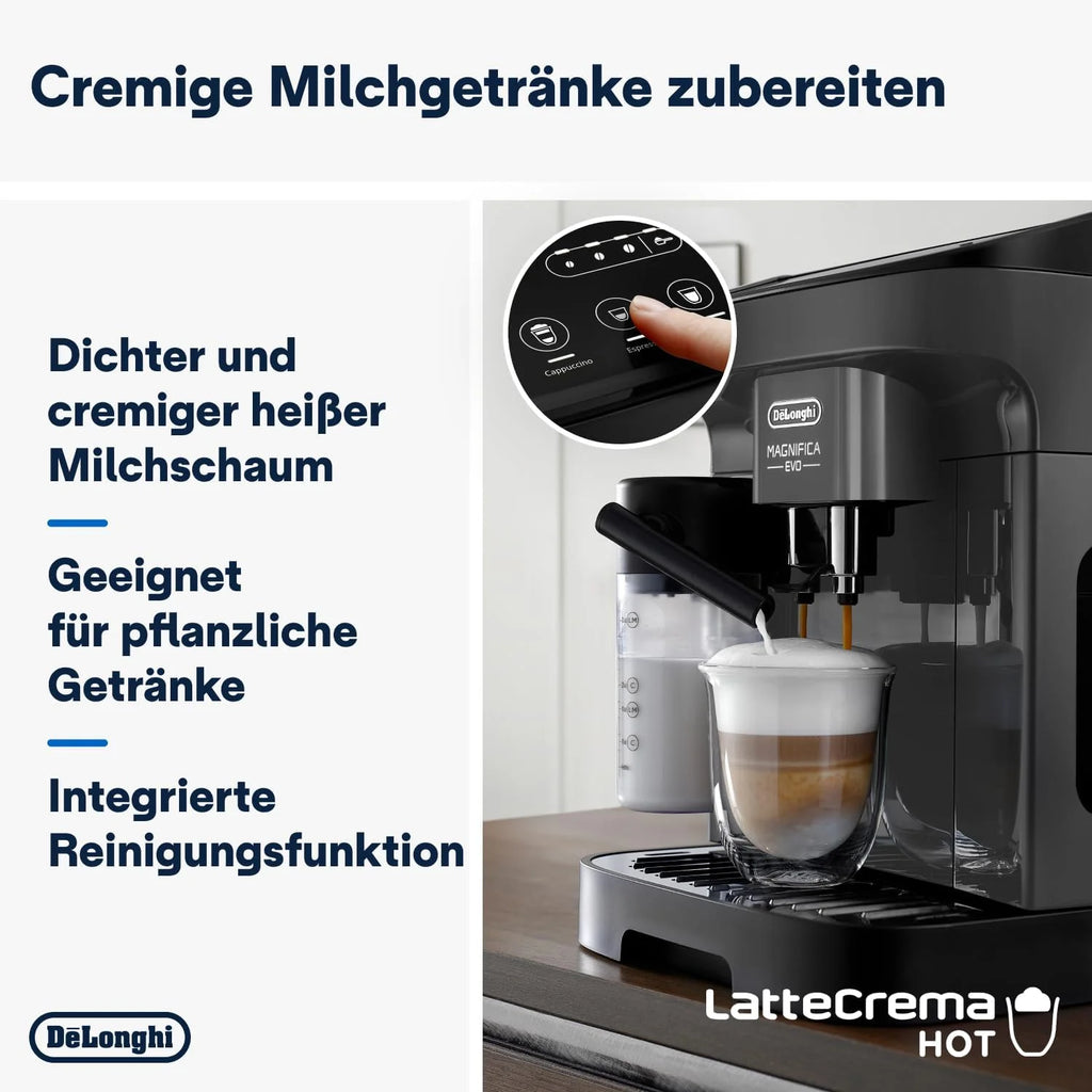 De'Longhi Magnifica Evo Next ECAM312.80.TB, Macchina automatica per caffè con 13 bevande (Cappuccino, Espresso, Latte Macchiato), Display a colori TFT da 2,4'', Sistema latte LatteCrema, Funzione 2 tazze, Titanio