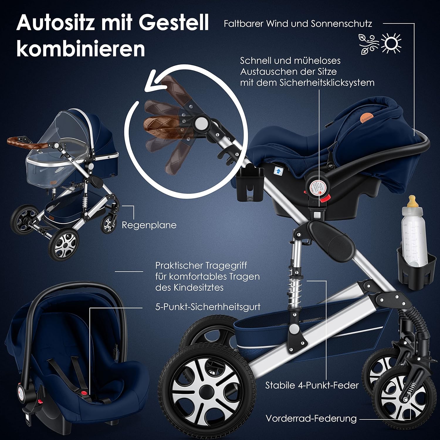 KESSER Loops 3 in 1 Passeggino Combinato, Set Completo con Navicella, Seduta Sportiva Buggy e Seggiolino Auto Ovetto, Gomme Piene, Borsa Fasciatoio, Parapioggia, Tavolino, ECE R129, Nero/Champagne