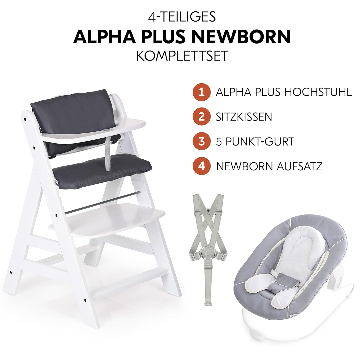 hauck Hochstuhl Alpha Plus Newborn Set mit 2in1 Bouncer - Mitwachsender Holz Babyhochstuhl ab Geburt, inkl. Sitzauflage & Neugeborenenaufsatz - Dark Grey