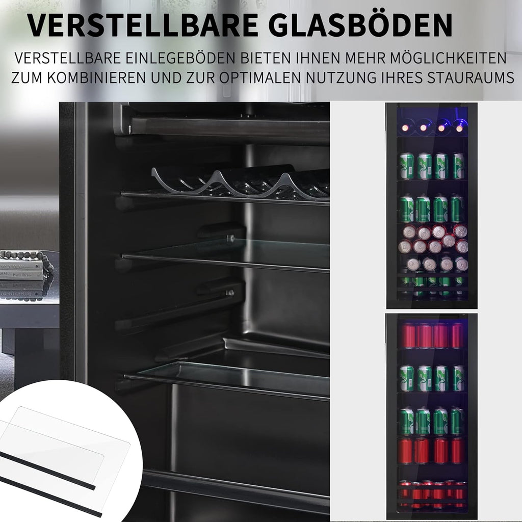 Frigorifero Merax 128L, Frigorifero da incasso per bevande con frigorifero da 120L + congelatore da 8L, con luce LED interna e ripiani regolabili, silenziosissimo per ristorante, bar, bevande e birra