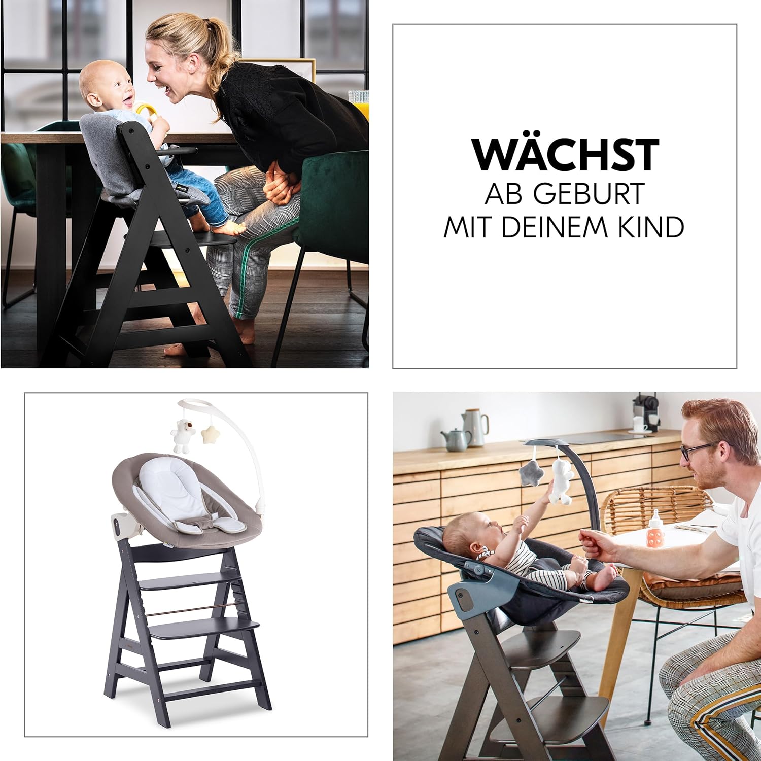 hauck Alpha Plus Newborn Set Deluxe - Seggiolone Pappa Legno da Nascita con Funzione Sdraietta - include Sdraietta per Neonato & Cuscino - Evolutivo, Regolabile - Dark Grey
