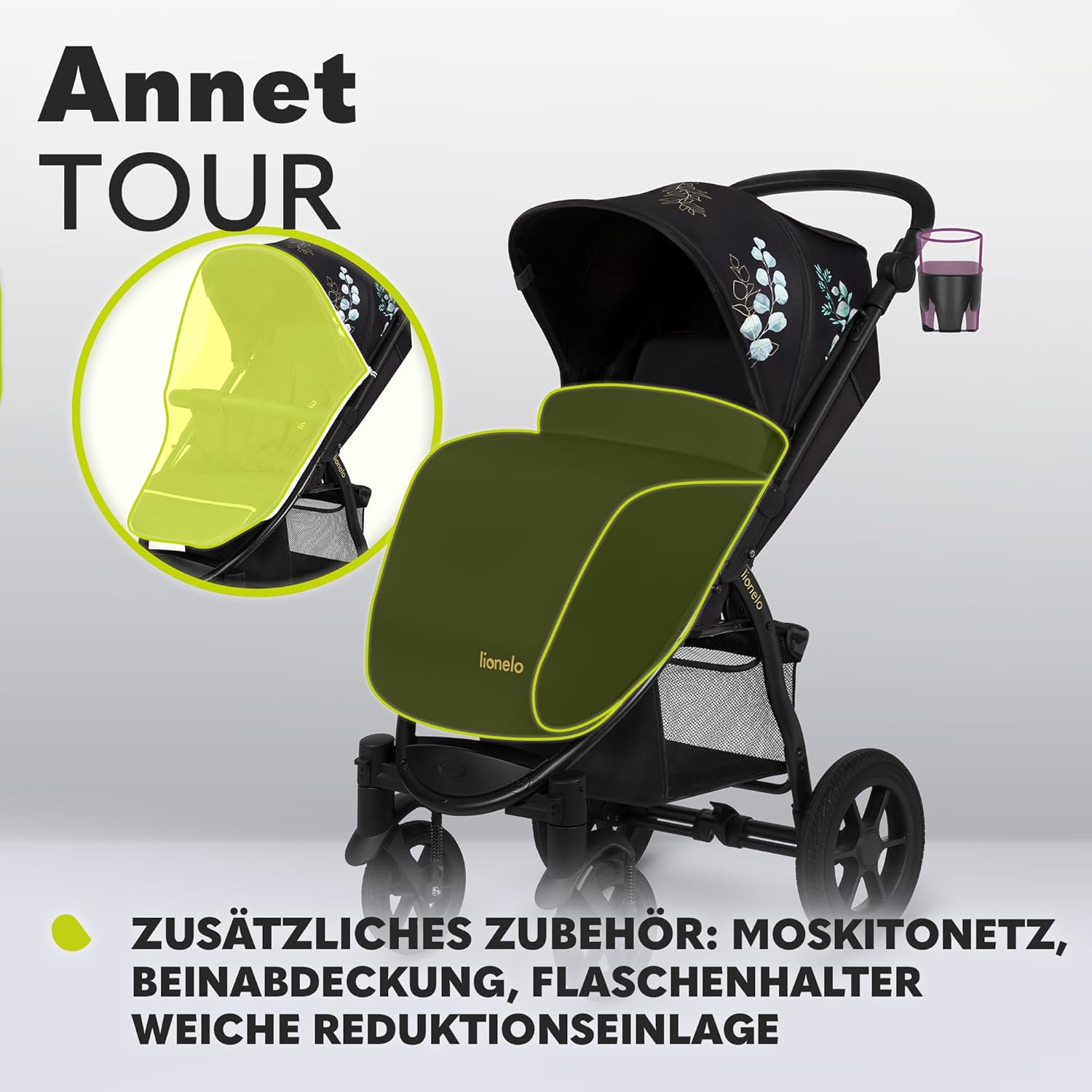 LIONELO Annet Buggy fino a 22 kg con funzione reclinabile, passeggino compatto richiudibile con accessori, ruote in schiuma EVA, zanzariera, coprigambe, portabevande, cestino (Golden Moments, Tour)