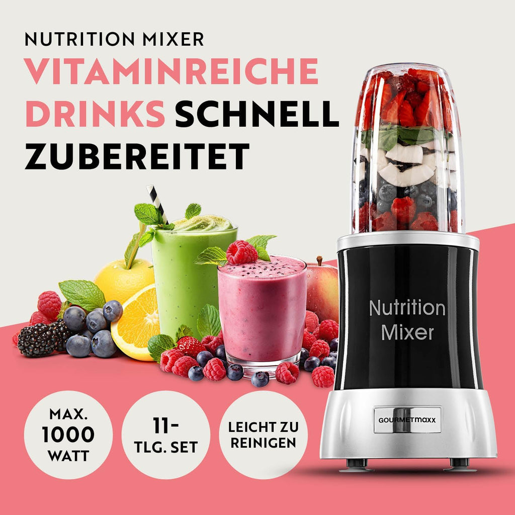 GOURMETmaxx Frullatore per Smoothie e Frullatore a Immersione Set da 18 pezzi - 400W | Frullatore Elettrico da 750ml, Mixer con 4 Bicchiere To-Go, 2 Lame, Spremiagrumi, Piedistallo e Coperchio | Lavabile in Lavastoviglie, a Prova di Perdite e Senza BPA