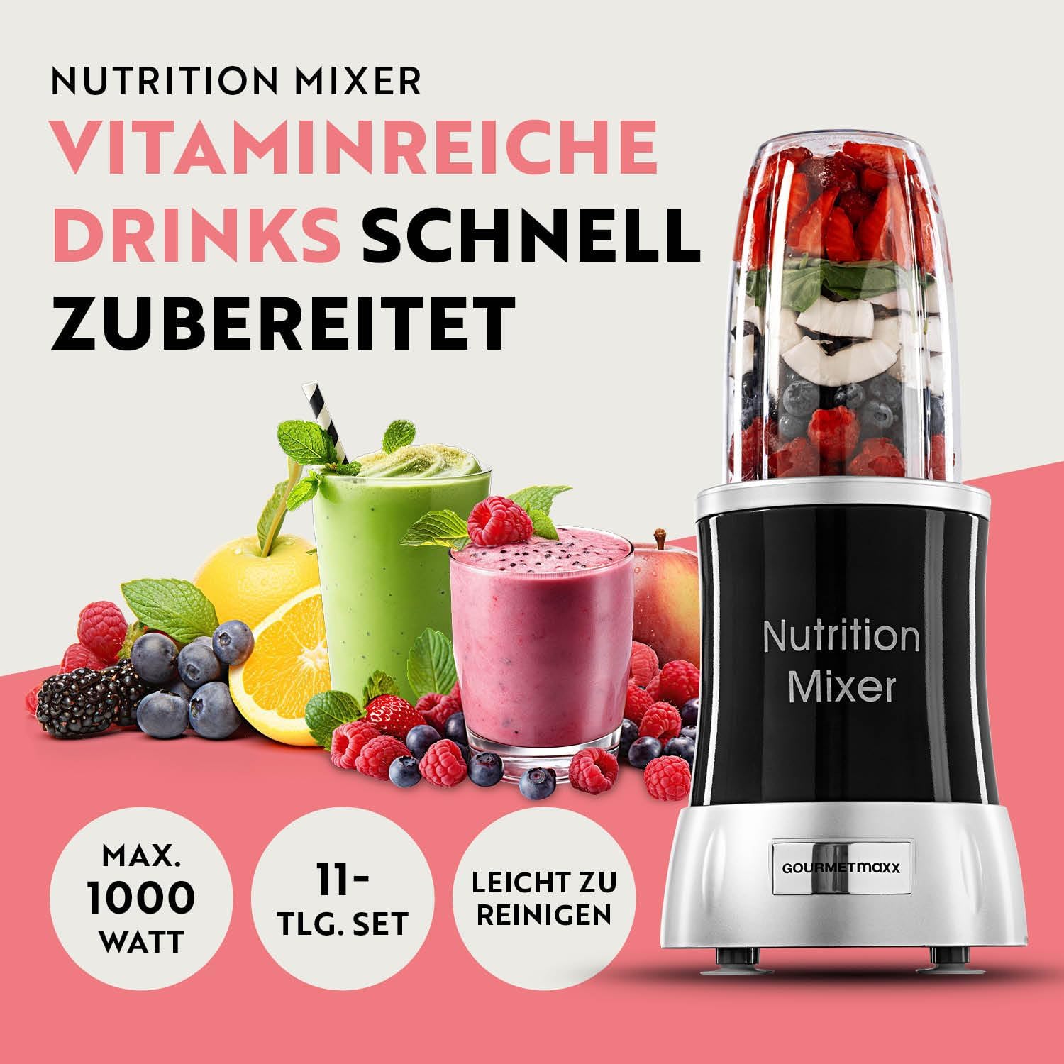 GOURMETmaxx Frullatore per Smoothie e Frullatore a Immersione Set da 18 pezzi - 400W | Frullatore Elettrico da 750ml, Mixer con 4 Bicchiere To-Go, 2 Lame, Spremiagrumi, Piedistallo e Coperchio | Lavabile in Lavastoviglie, a Prova di Perdite e Senza BPA