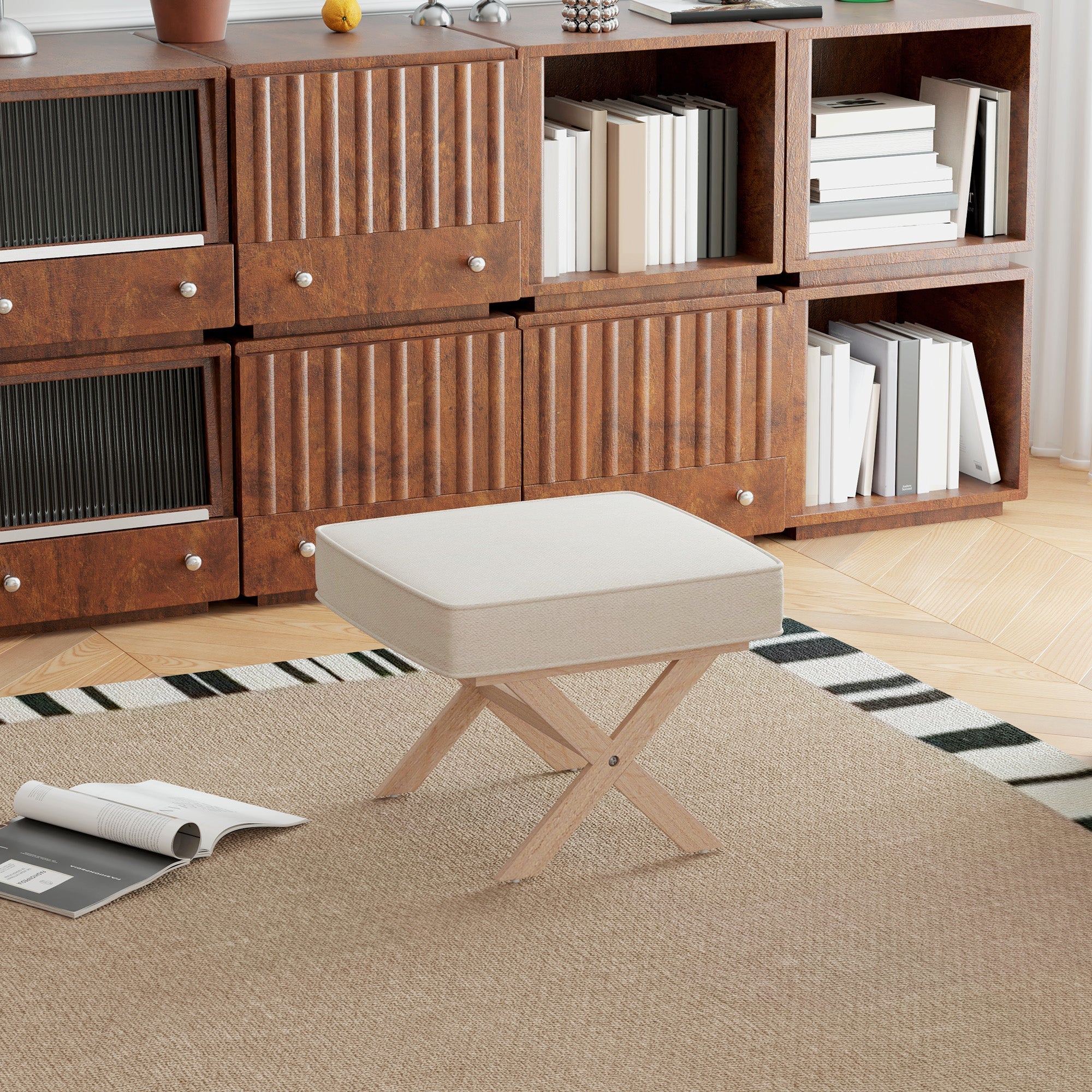 HOMCOM Sitzhocker mit Leinenoptik & Antirutschmatte – Cremeweiß