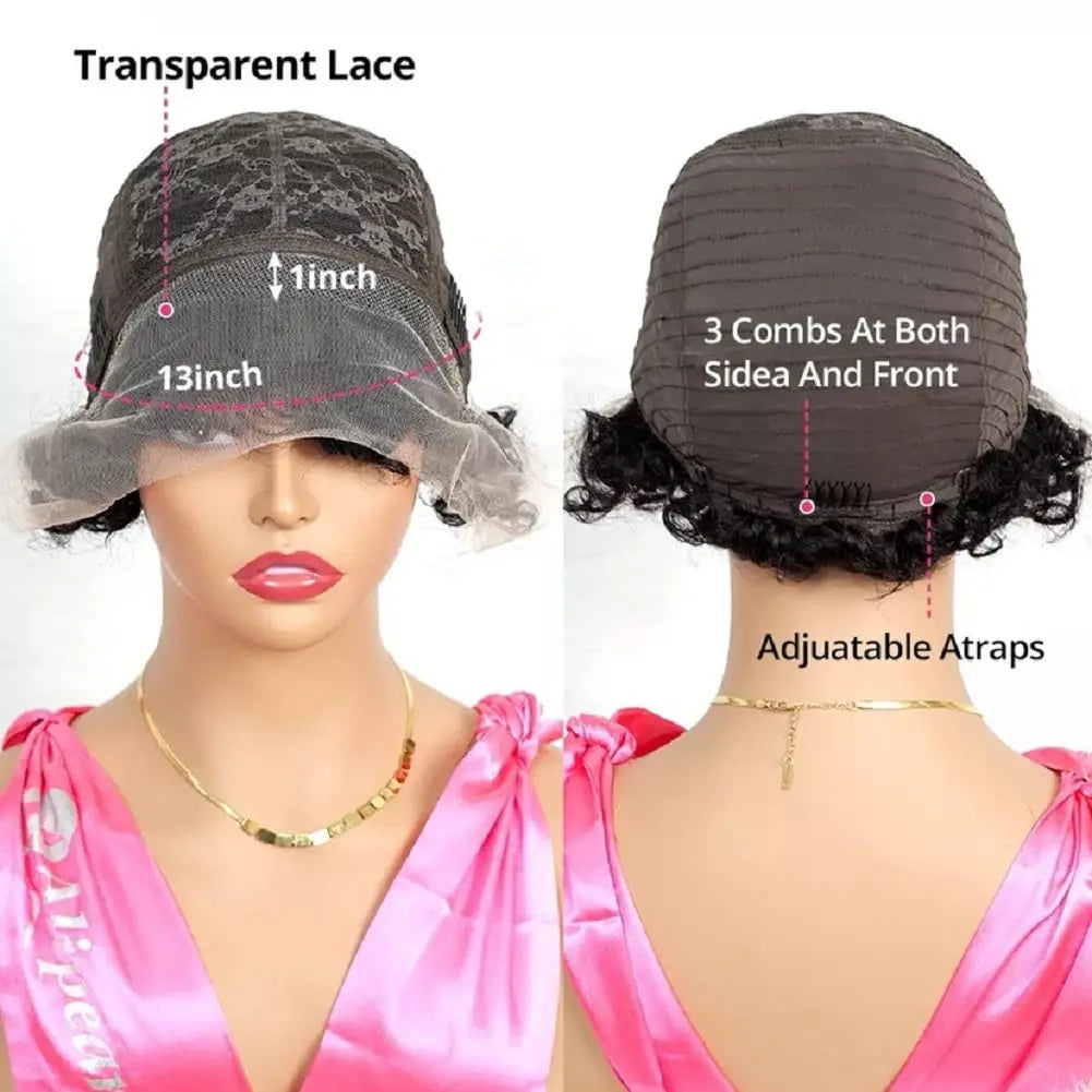 Lockiger Pixie Cut Perücke Kurzer Bob Echthaar Lace Front Perücken Vorgezupft Mit Babyhaaren Deep Curly Klebstofffreie Bob Perücken  Für Frauen 1B