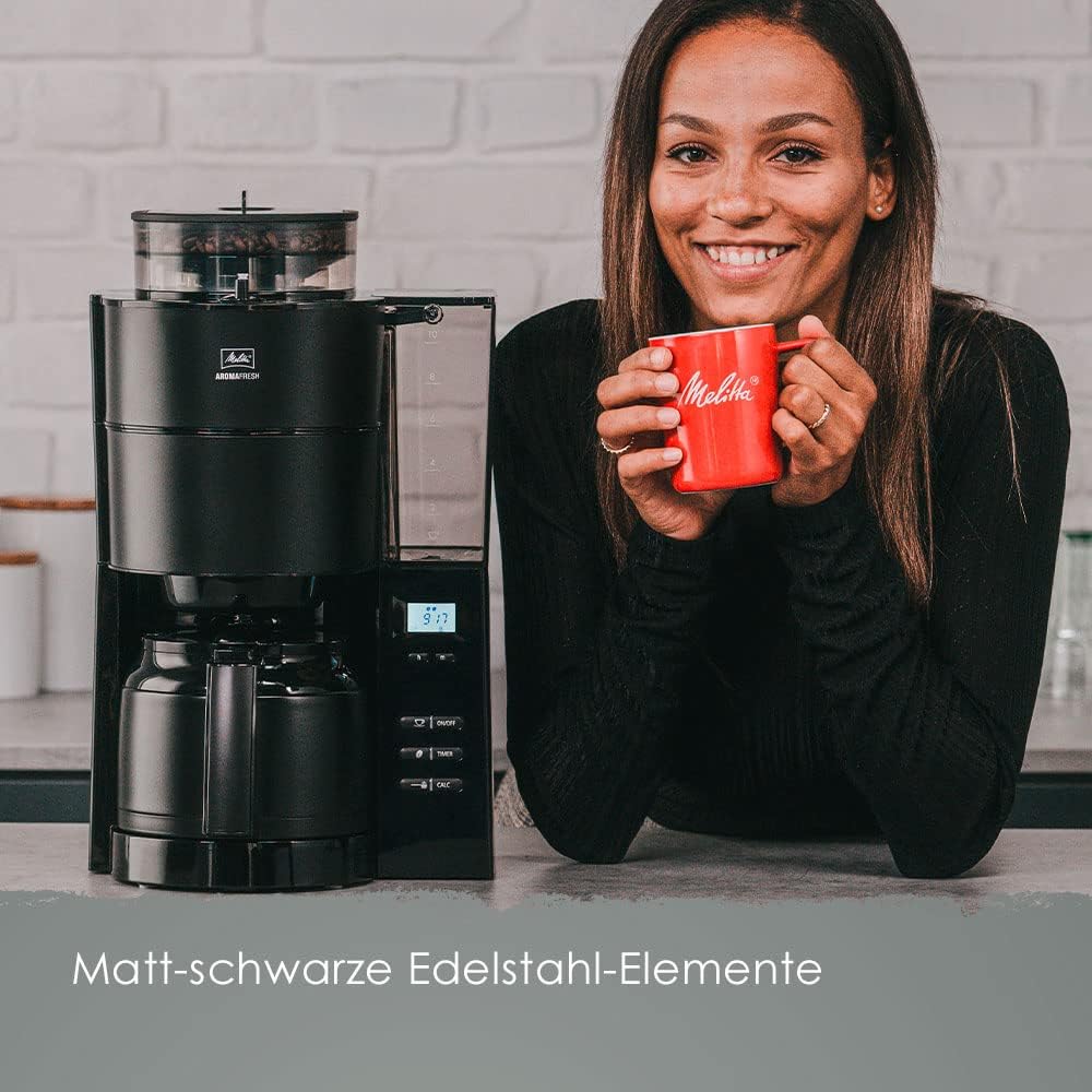 Melitta AromaFresh - Macchina da caffè con filtro - con caraffa in vetro - macinacaffè integrato - funzione timer - 10 tazze - Pure Black