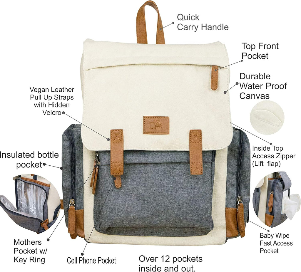Cutie Tragetasche für Babys, Wickeltasche, Rucksack, Bio-Baumwolle, wasserdicht, mehrere Taschen, isoliert, mit gepolsterten Schultergurten, inklusive Kinderwagenriemen, cremefarben,Grau