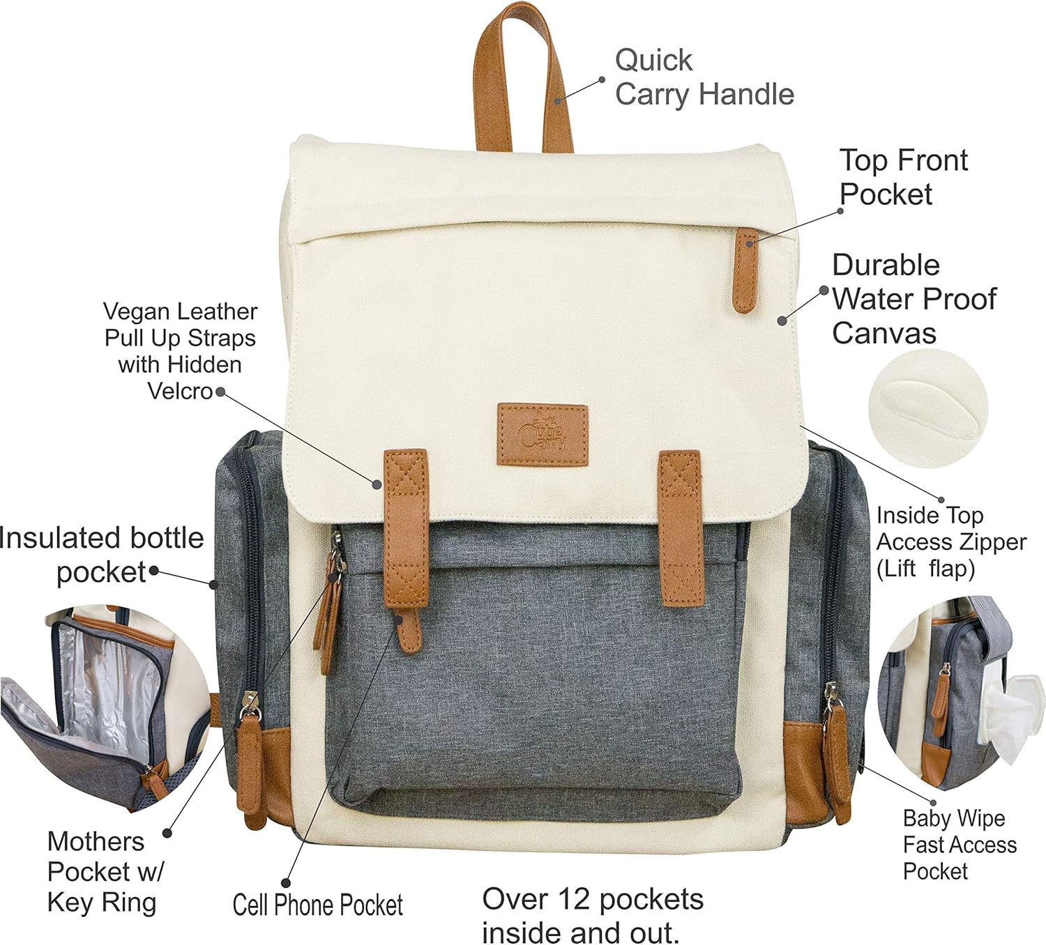 Cutie Tragetasche für Babys, Wickeltasche, Rucksack, Bio-Baumwolle, wasserdicht, mehrere Taschen, isoliert, mit gepolsterten Schultergurten, inklusive Kinderwagenriemen, cremefarben,Grau