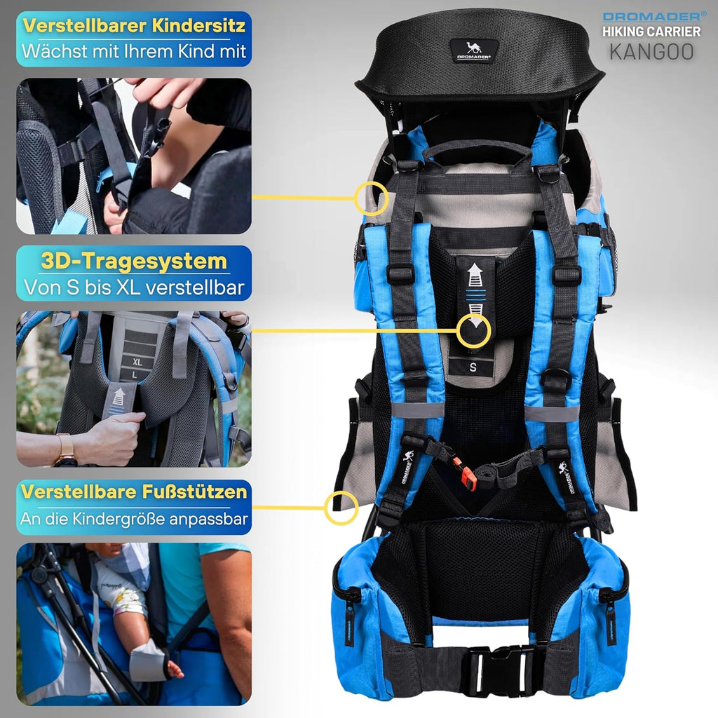 Dromader Kraxe Kindertrage bis 22kg – Kindertrage Wandern mit Sonnendach, Regenschutz, Thermotasche, Wickelmatte – Einhändig klappbare Rahmen – Blau