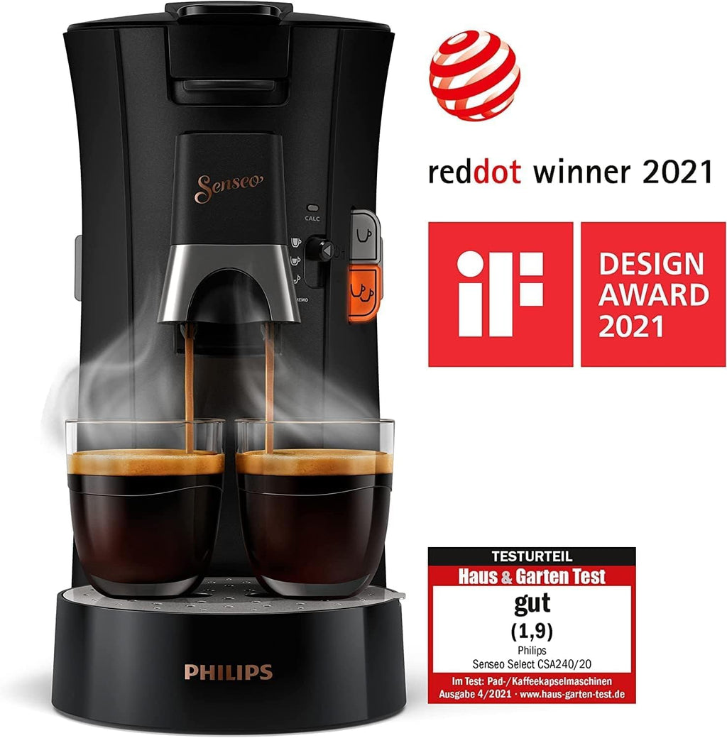 Philips Senseo Select CSA240/20 Macchina da caffè a cialde (selezione intensità Plus, funzione Memo, in plastica riciclata), Nero Eco