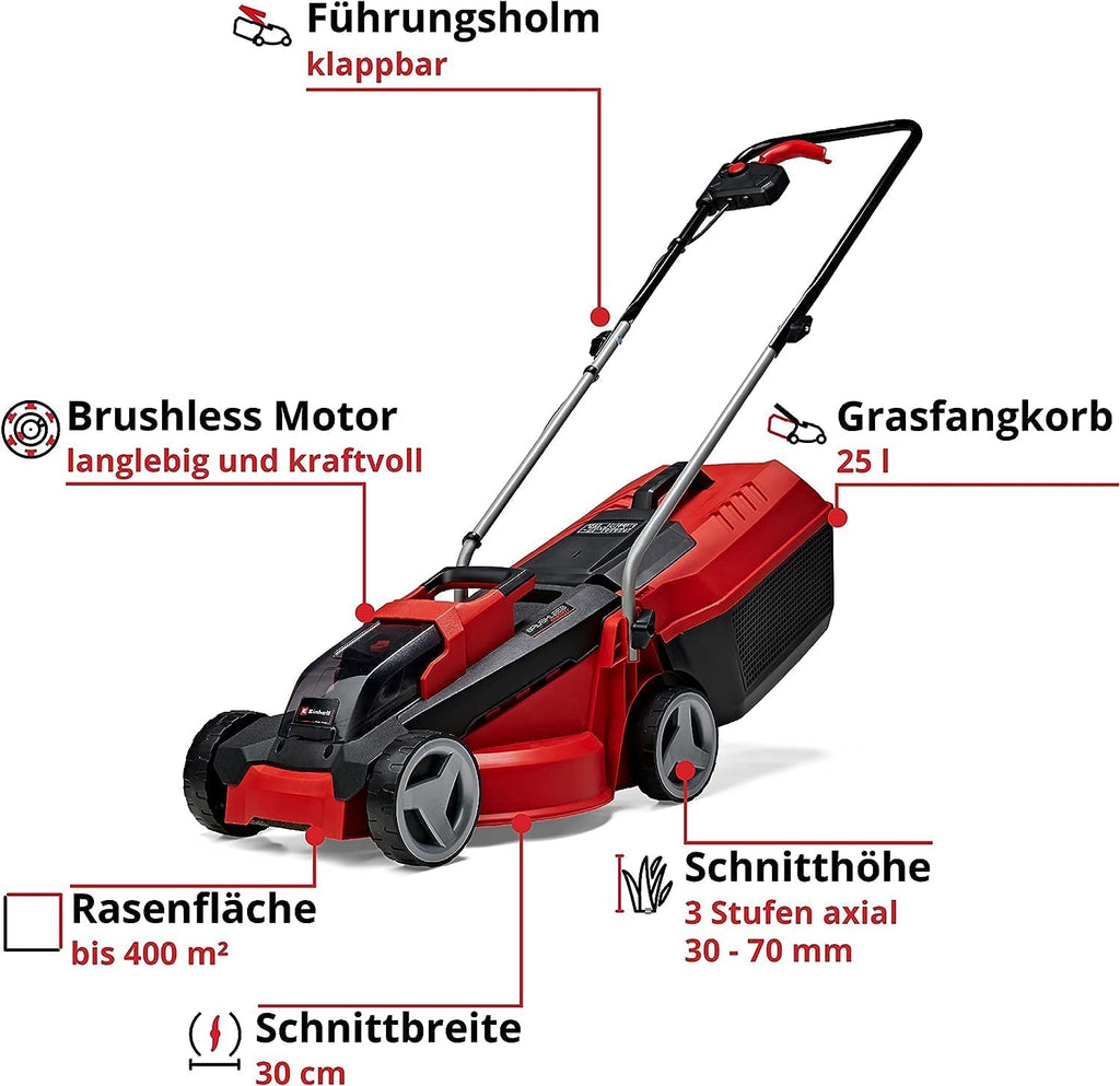 Tosaerba a batteria Einhell City GE-CM 18/30 Li Kit Power X-Change (18 V, larghezza di taglio 30 cm, fino a 150 m², senza spazzole, cesto di raccolta da 25 L, altezza di taglio 30-70 mm, include batteria da 3,0 Ah + caricabatterie)