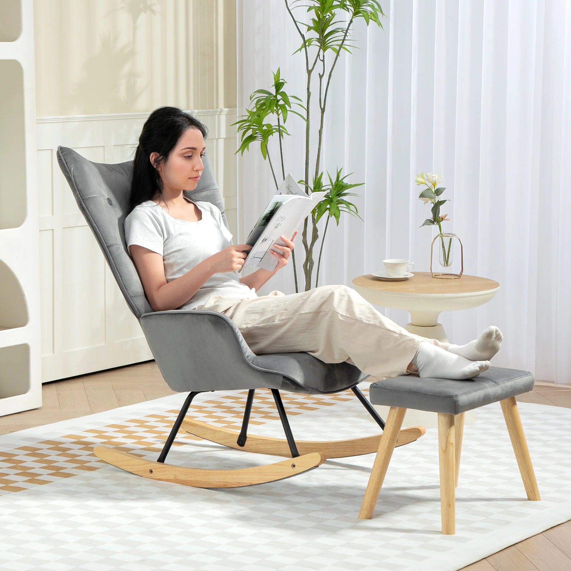 HOMCOM Relaxsessel mit Hocker Schaukelstuhl Set Samt Dunkelgrau