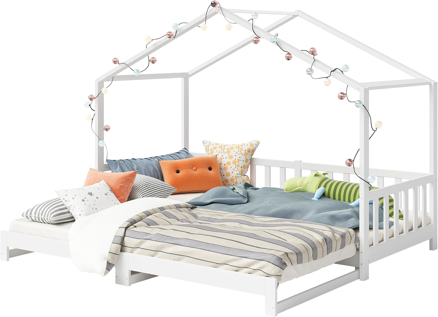 Bellabino Lettino per bambini Bia 140x200 cm, letto a capanna per bambini con protezione anticaduta e rete a doghe arrotolabile, letto a terra Montessori bianco in legno massello di pino