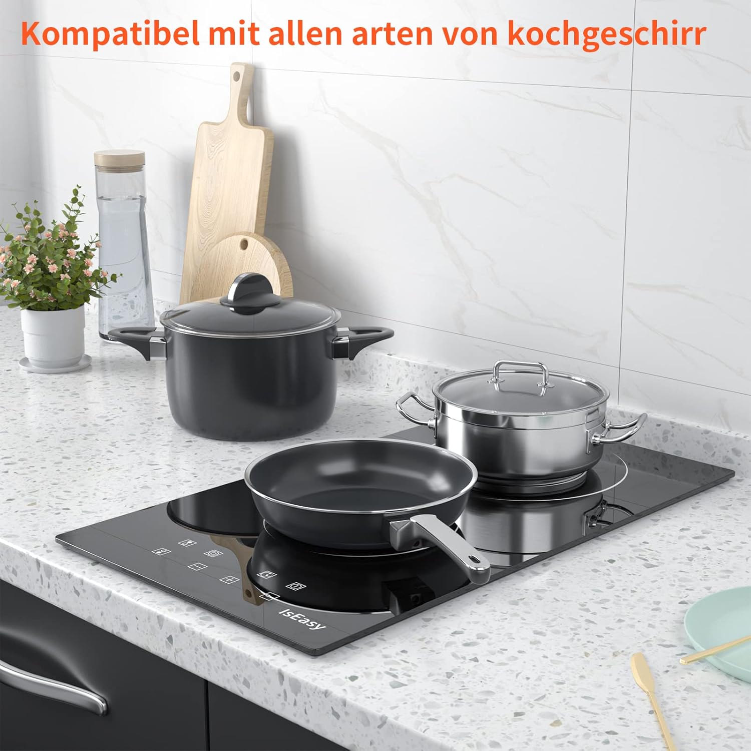 IsEasy 4 Zonen Einbau Induktionskochfeld mit 9 Leistungsstufen &1-99Min Timer, Boost-Funktion, Induktionskochplatte, Induktion Herdplatte mit 4 Platten, 60cm, 6800W, Schwarz