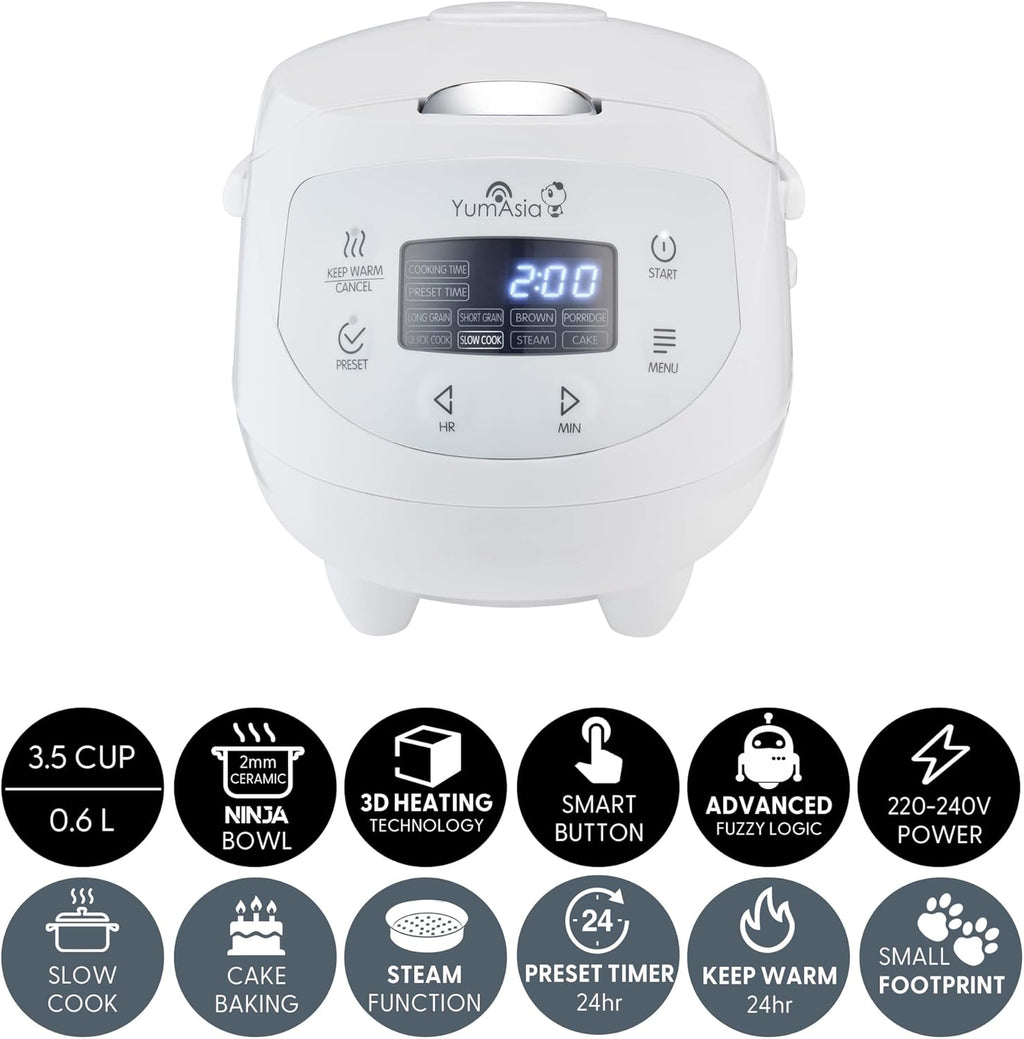 Yum Asia Panda Mini-Reiskocher mit Ninja-Keramikschüssel und Advanced Fuzzy Logic (3,5 Tassen, 0,63 Liter) 4 Reisfunktionen, 4 Multicooker-Funktion, 220–240V