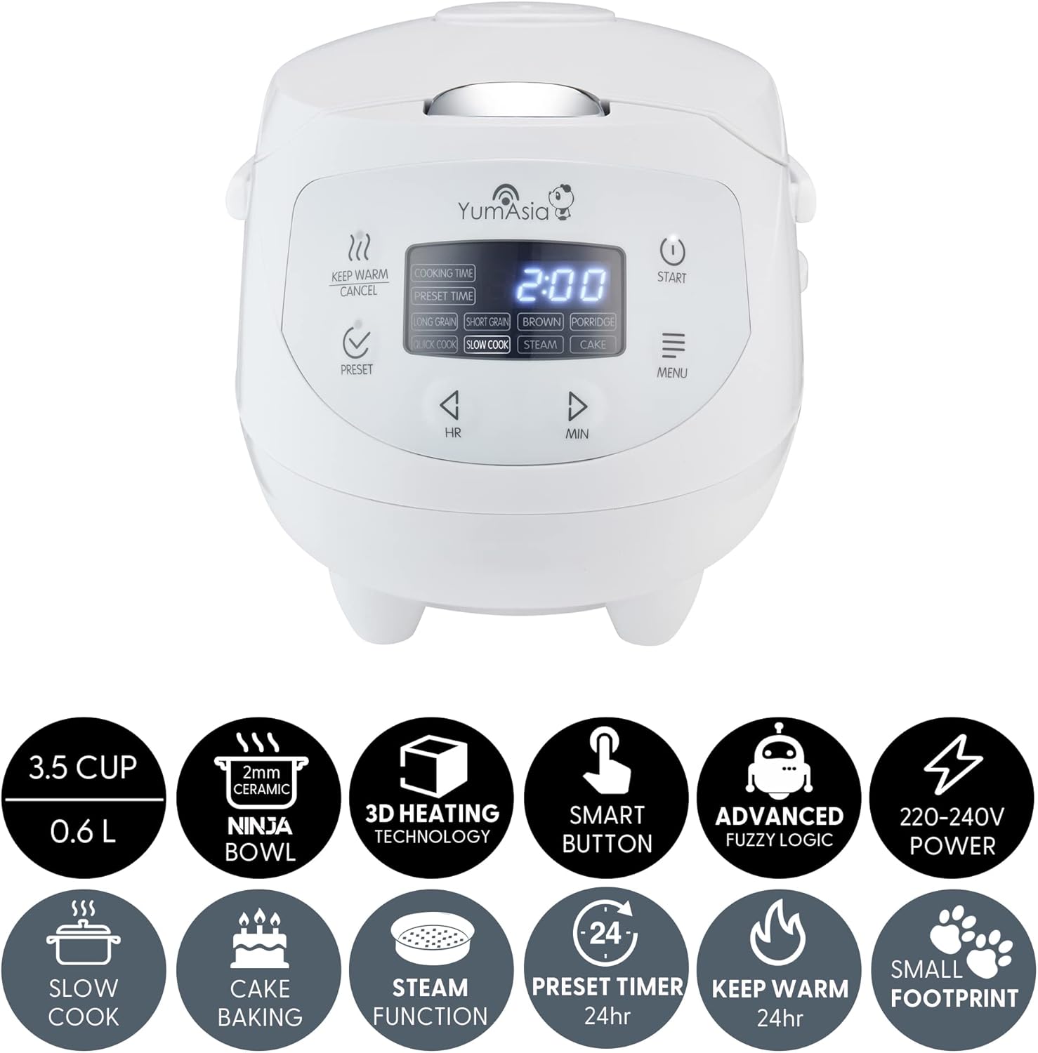 Yum Asia Panda Mini-Reiskocher mit Ninja-Keramikschüssel und Advanced Fuzzy Logic (3,5 Tassen, 0,63 Liter) 4 Reisfunktionen, 4 Multicooker-Funktion, 220–240V