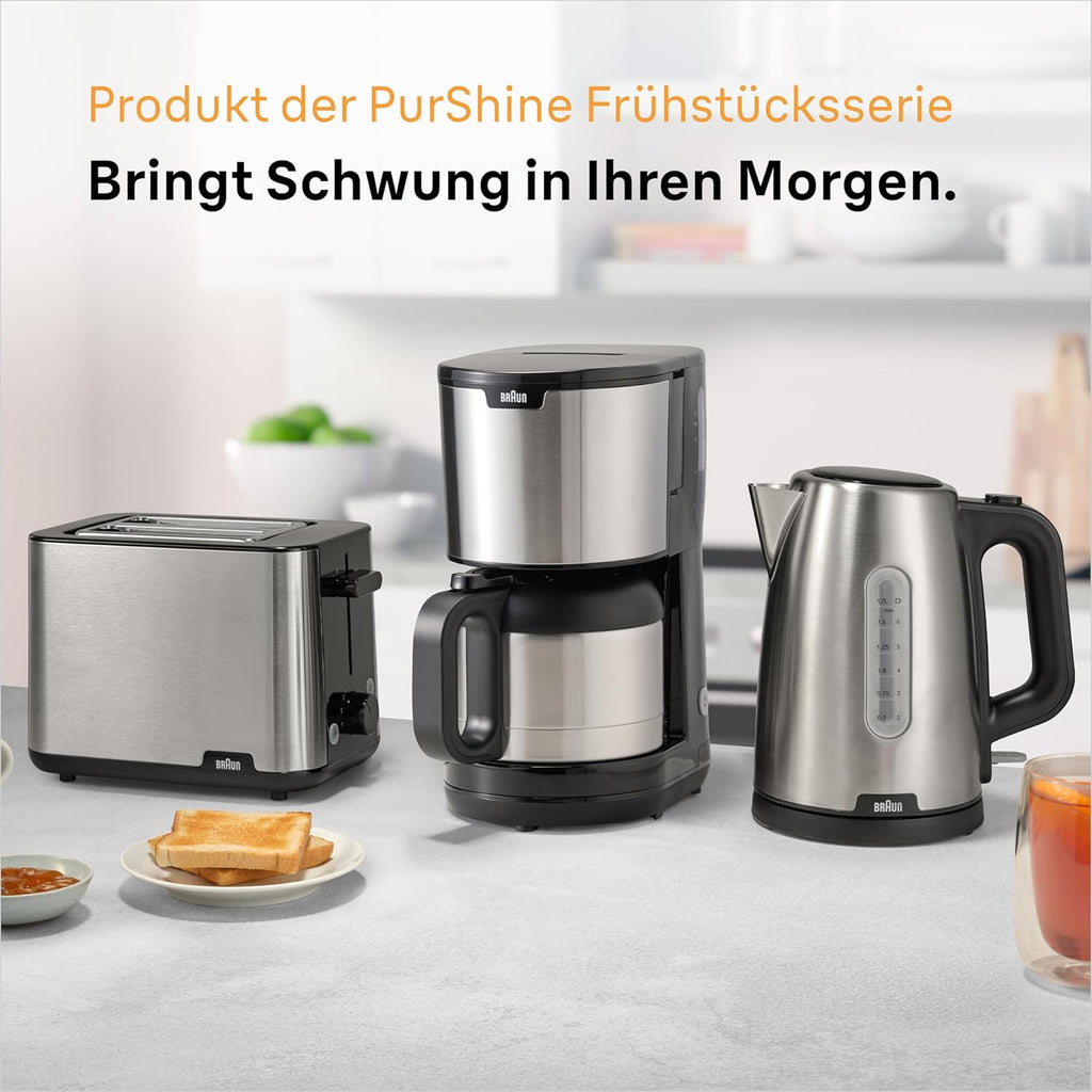 Braun PurShine KF1505 BK Filterkaffeemaschine, 1,2L Edelstahl-Thermokanne für bis zu 9 Tassen, OptiBrew-System, Tropf-Stopp-Funktion, schwenkbarer Filterkorb, Automatische Abschaltung, 1000W, Schwarz