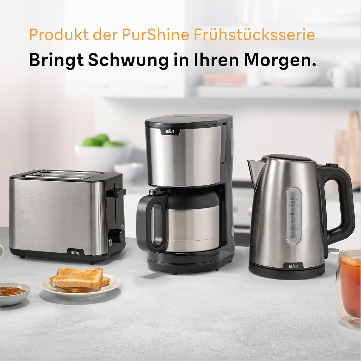 Braun PurShine KF1505 BK Filterkaffeemaschine, 1,2L Edelstahl-Thermokanne für bis zu 9 Tassen, OptiBrew-System, Tropf-Stopp-Funktion, schwenkbarer Filterkorb, Automatische Abschaltung, 1000W, Schwarz