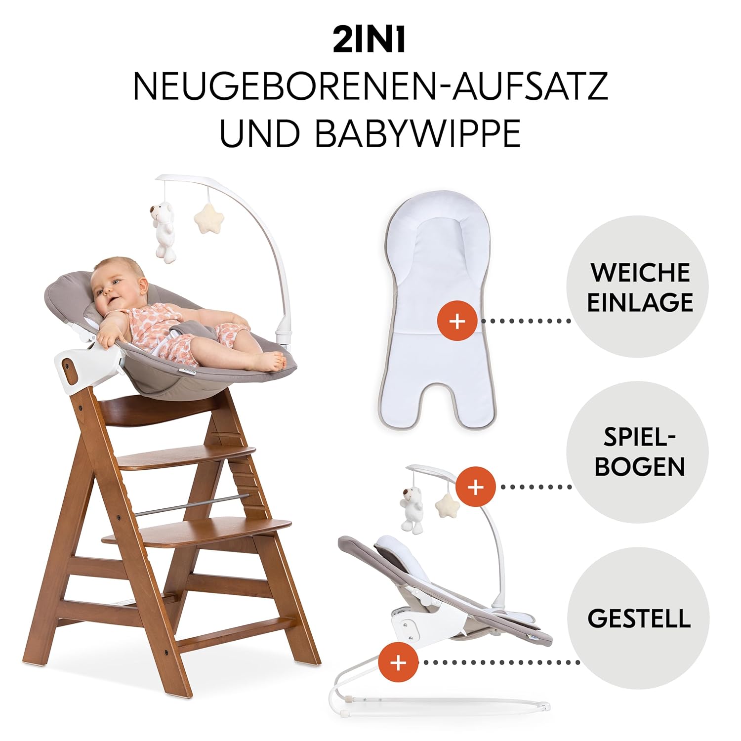 hauck Alpha Plus Newborn Set Deluxe - Seggiolone Pappa Legno da Nascita con Funzione Sdraietta - include Sdraietta per Neonato & Cuscino - Evolutivo, Regolabile - Dark Grey