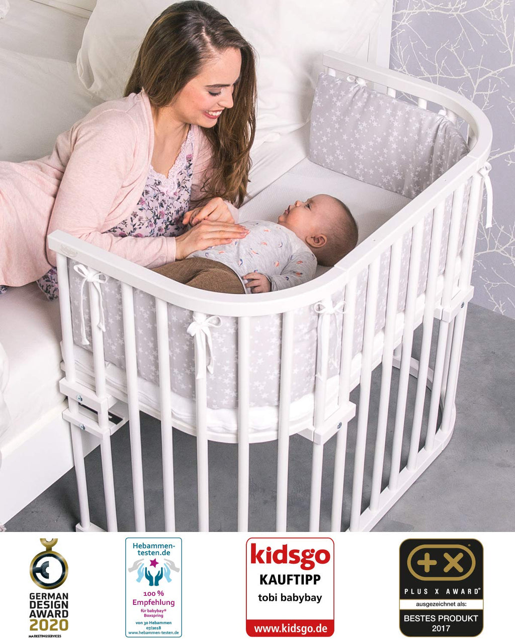 babybay Original Lettino da affiancare in massello di faggio / compatto e trasformabile / Lettino per bambini regolabile in altezza senza livelli preimpostati ed ecologico / Lettino evolutivo (laccato bianco) / inclusa Matratze