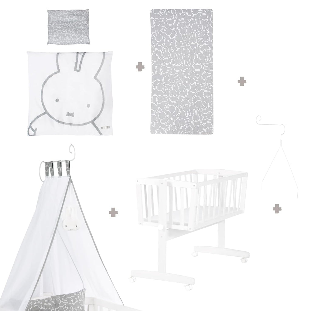 roba Babywiege 40 x 90 cm Adam & Eule - Stubenwagen & Wiege mit Rollen - Bett Set komplett mit Feststellfunktion - Inkl. textiler Ausstattung - Holz weiß